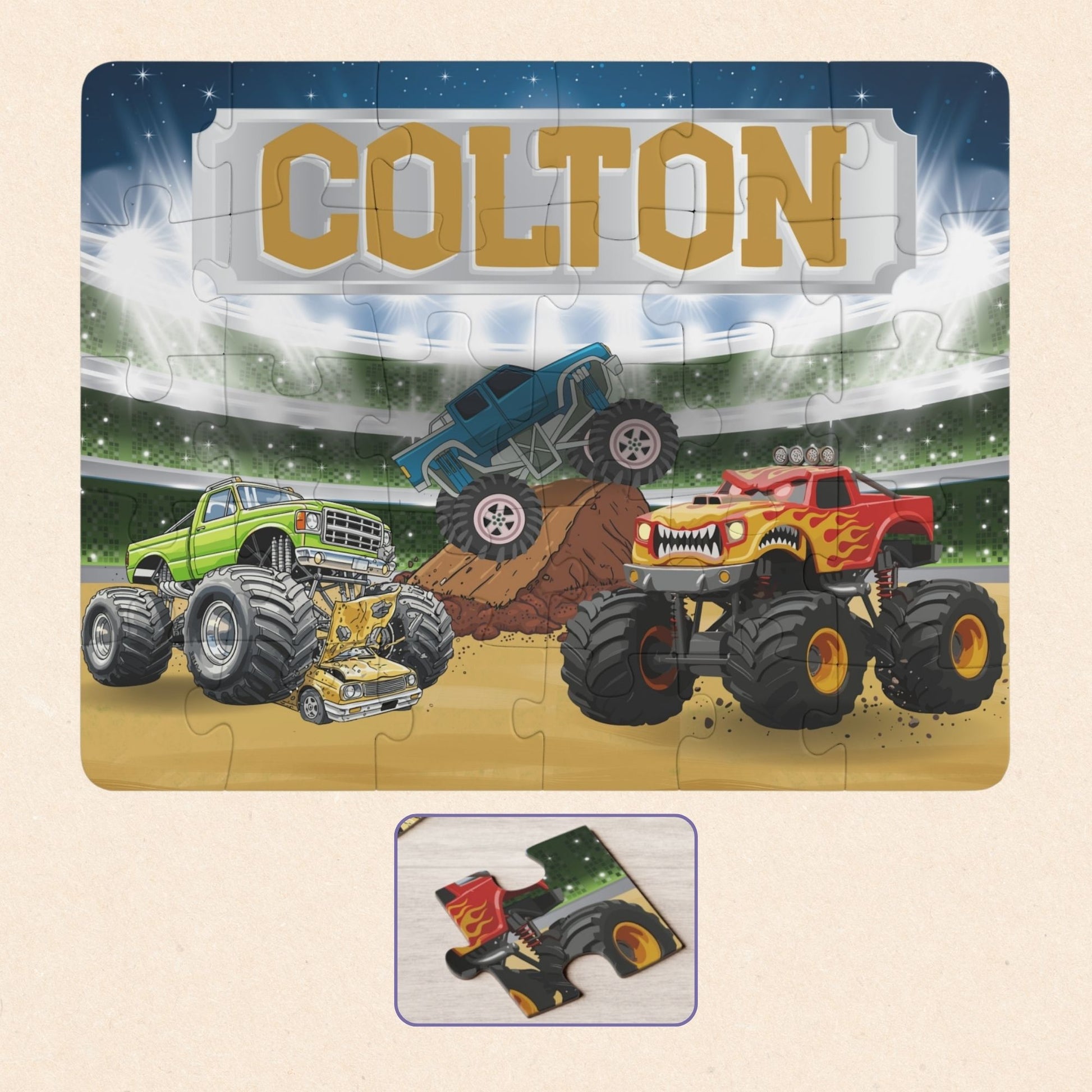 Personalized monster truck puzzle with customizable name displayed across the top, featuring a colorful stadium scene and larger pieces designed for small hands.