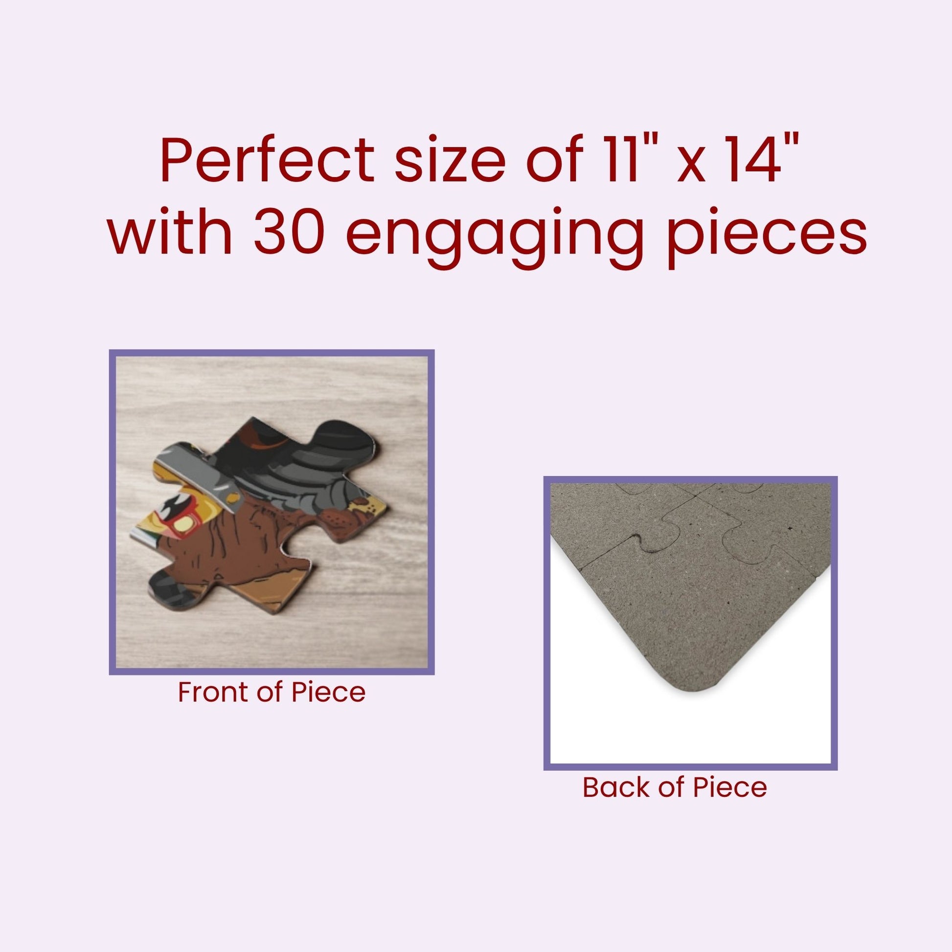 Close-up graphic showing the front and back of a jigsaw puzzle piece, highlighting printed artwork on the front and plain chipboard backing, with text indicating puzzle size and piece count