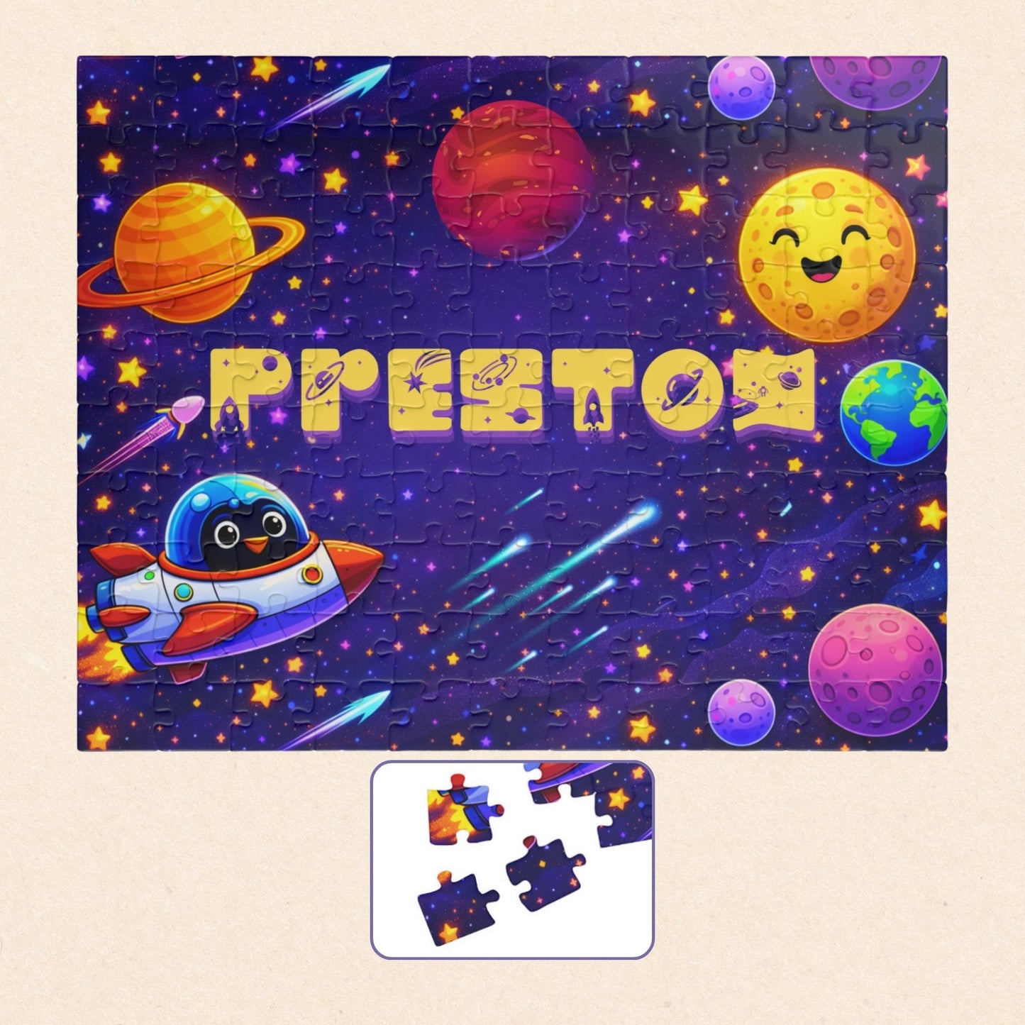 Personalized 110-piece space puzzle featuring a custom name surrounded by colorful planets, stars, Earth, Saturn, a smiling moon, and a cute rocket ship in outer space.