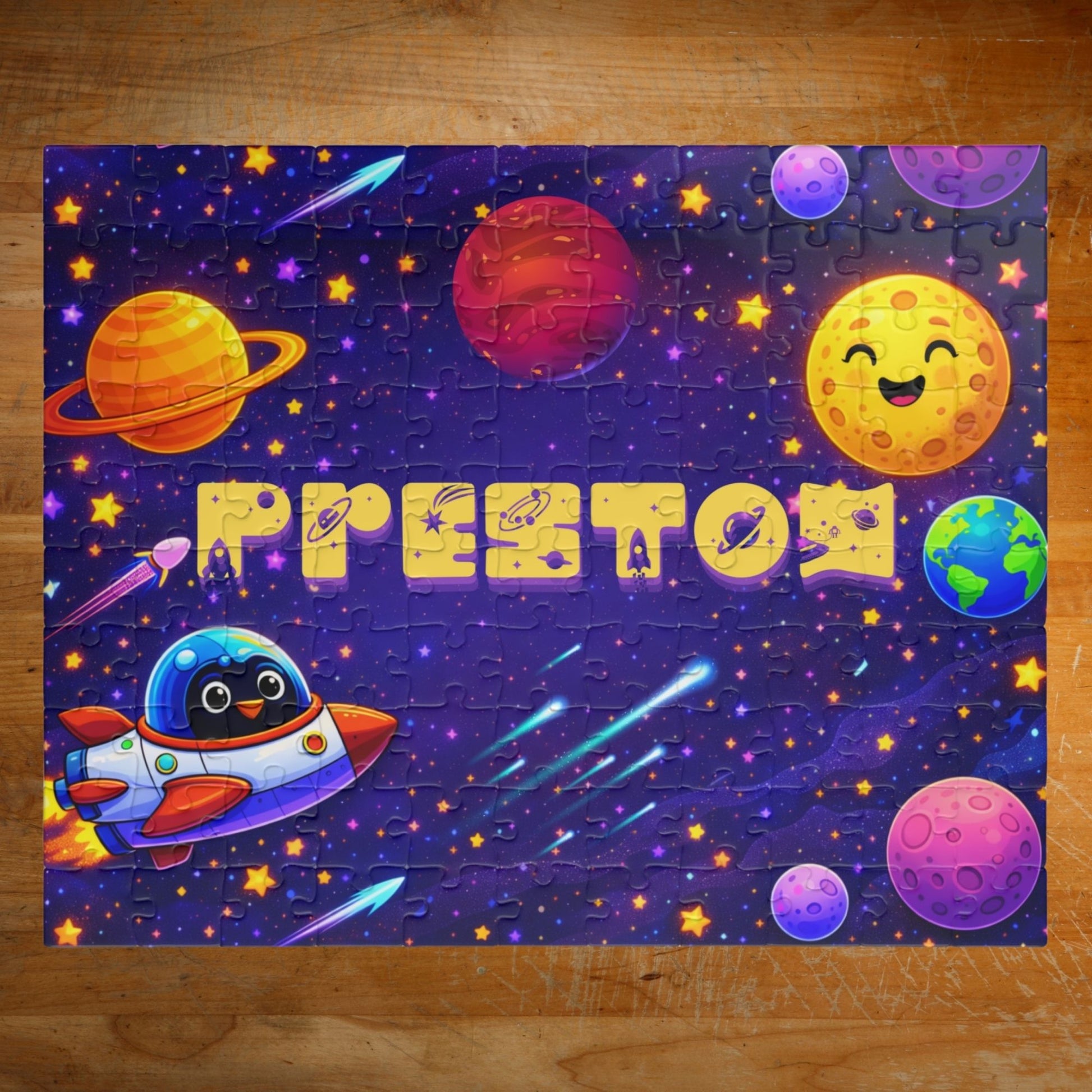 Personalized 110-piece space puzzle featuring a custom name surrounded by colorful planets, stars, Earth, Saturn, a smiling moon, and a cute rocket ship in outer space.