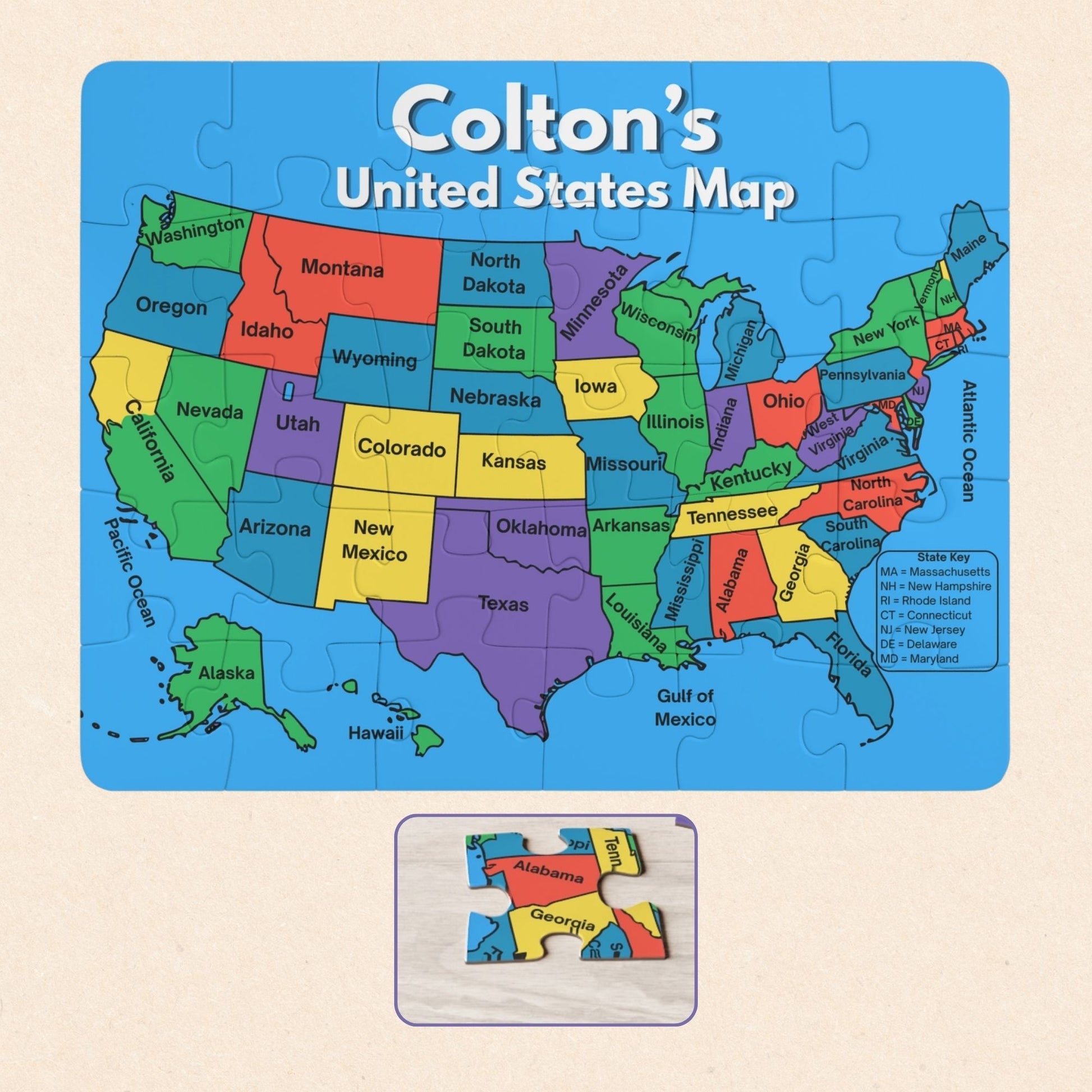 Personalized 30-piece United States map puzzle featuring a child's custom name above a colorful labeled map of all 50 states with large easy-to-hold pieces.