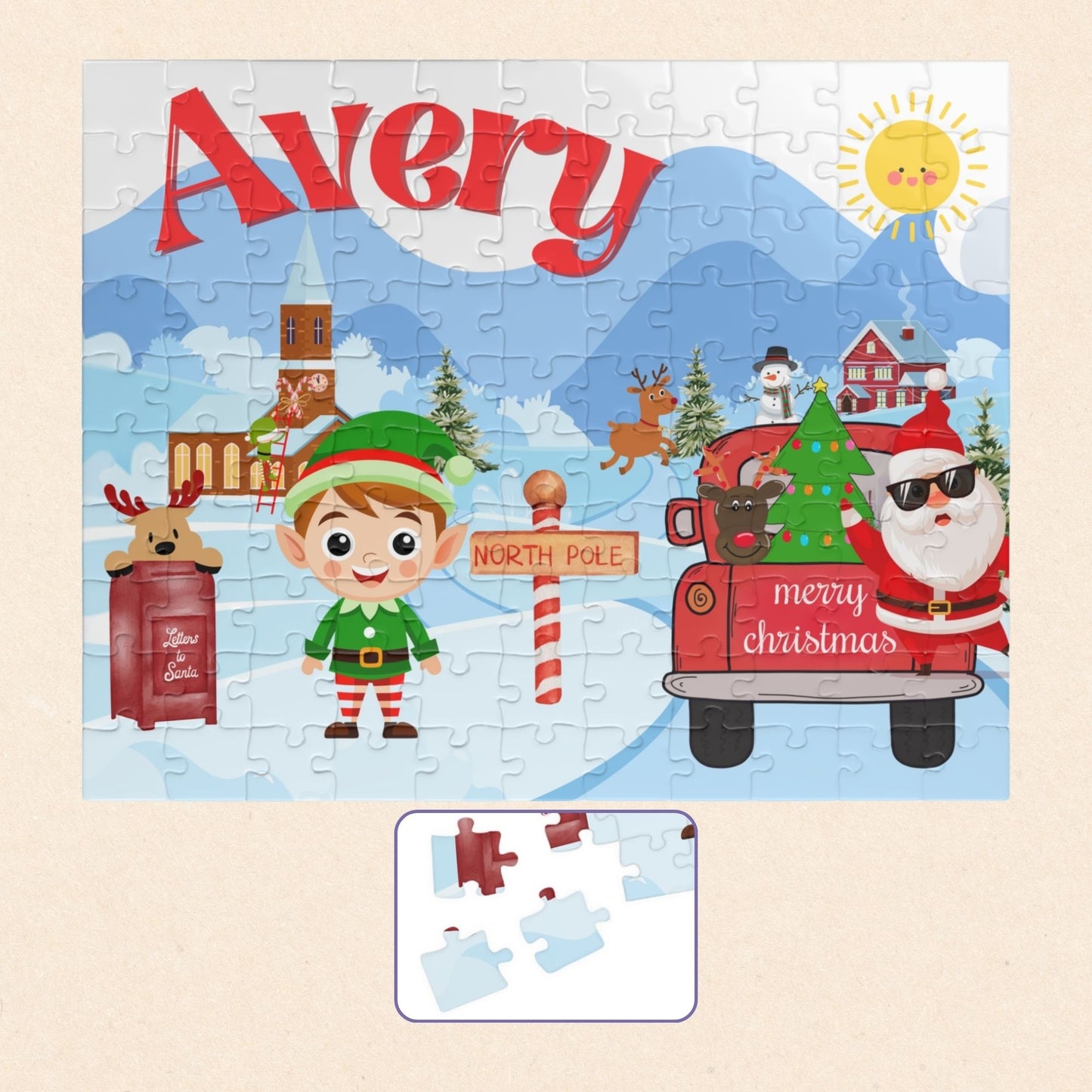 Personalized 110-piece Christmas puzzle featuring a custom name, cheerful elf, Santa in a festive truck, reindeer, North Pole sign, and snowy holiday village.