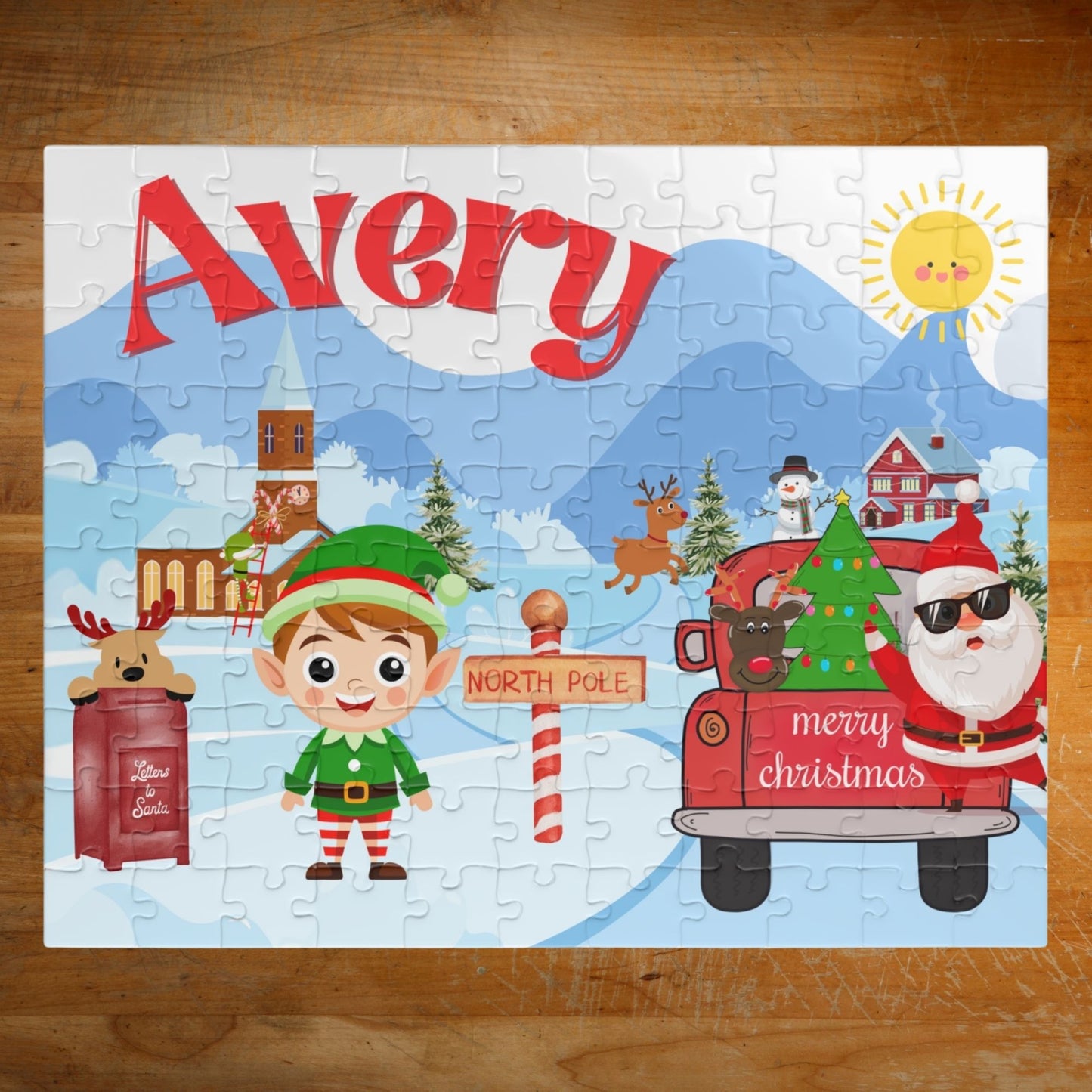 Personalized 110-piece Christmas puzzle featuring a custom name, cheerful elf, Santa in a festive truck, reindeer, North Pole sign, and snowy holiday village.