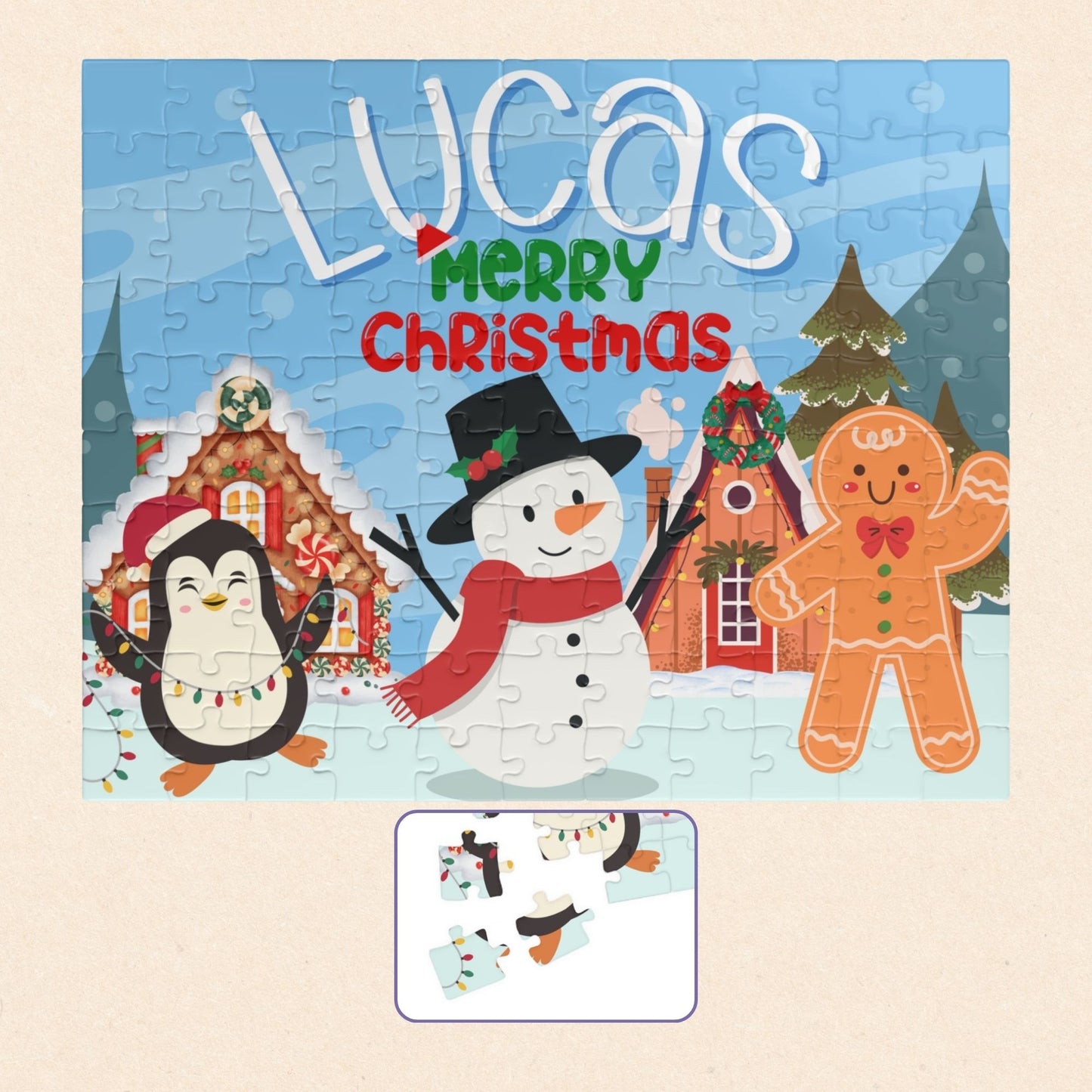 Personalized 110-piece Christmas puzzle featuring a custom name with a smiling snowman, penguin, gingerbread cookie, and festive holiday village.