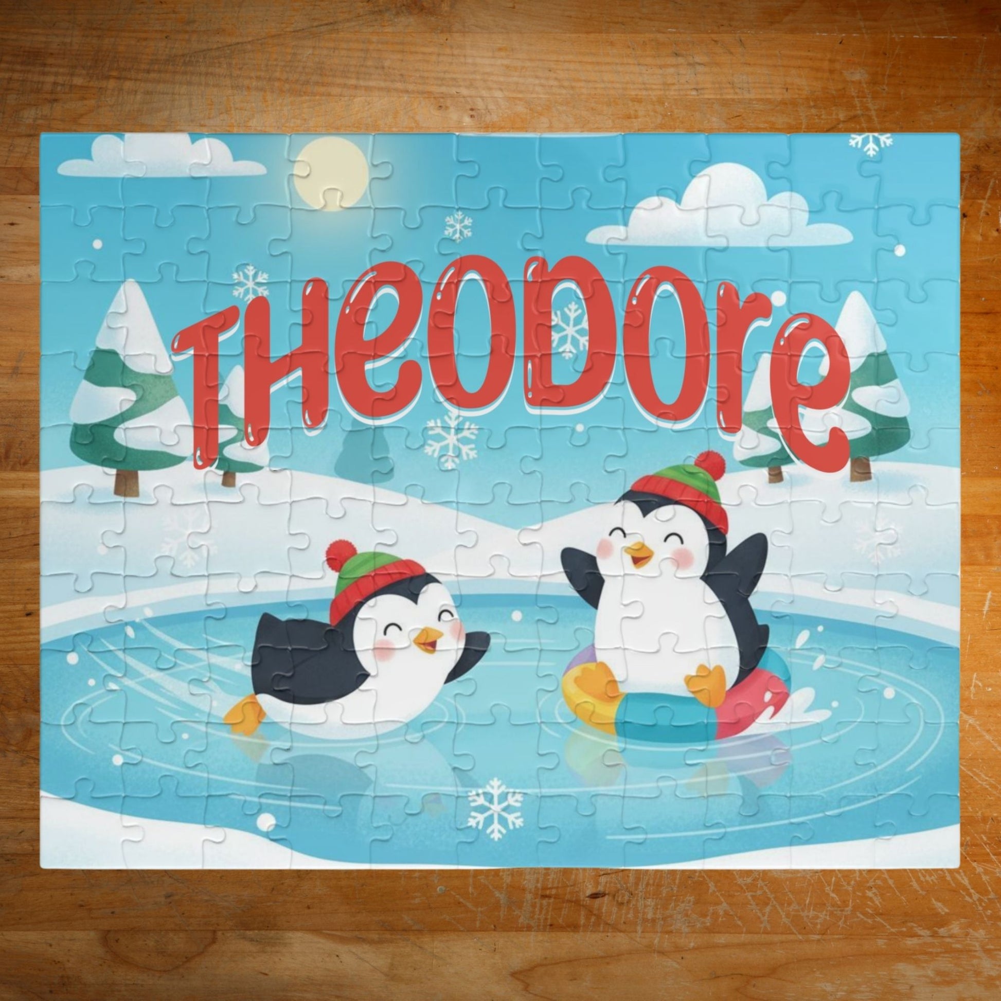 Personalized 110-piece Christmas puzzle featuring a custom name with two adorable penguins playing on a snowy winter pond.