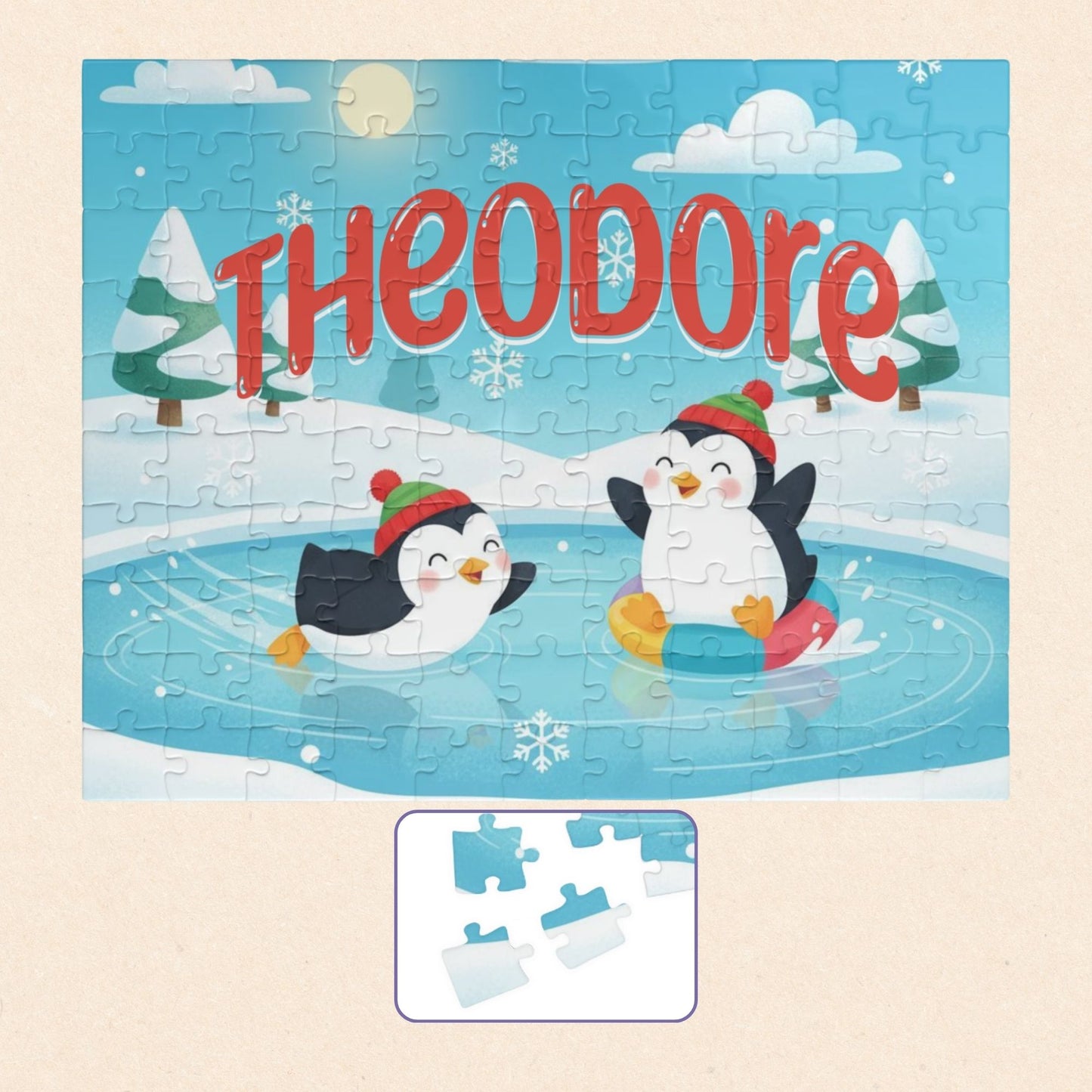 Personalized 110-piece Christmas puzzle featuring a custom name with two adorable penguins playing on a snowy winter pond.