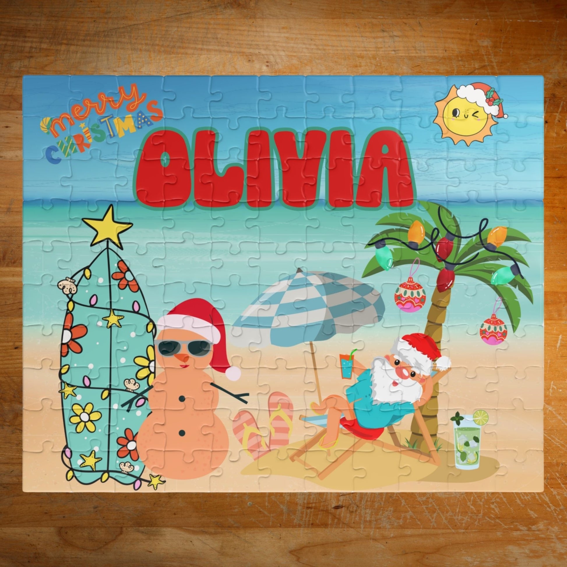 Personalized 110-piece beach Christmas puzzle featuring a custom name, tropical Santa, palm tree, surfboard, and sandy snowman.