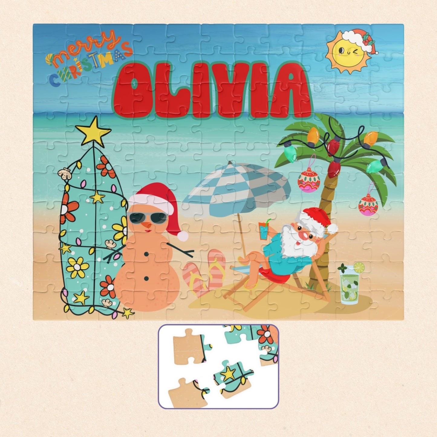 Personalized 110-piece beach Christmas puzzle featuring a custom name, tropical Santa, palm tree, surfboard, and sandy snowman.
