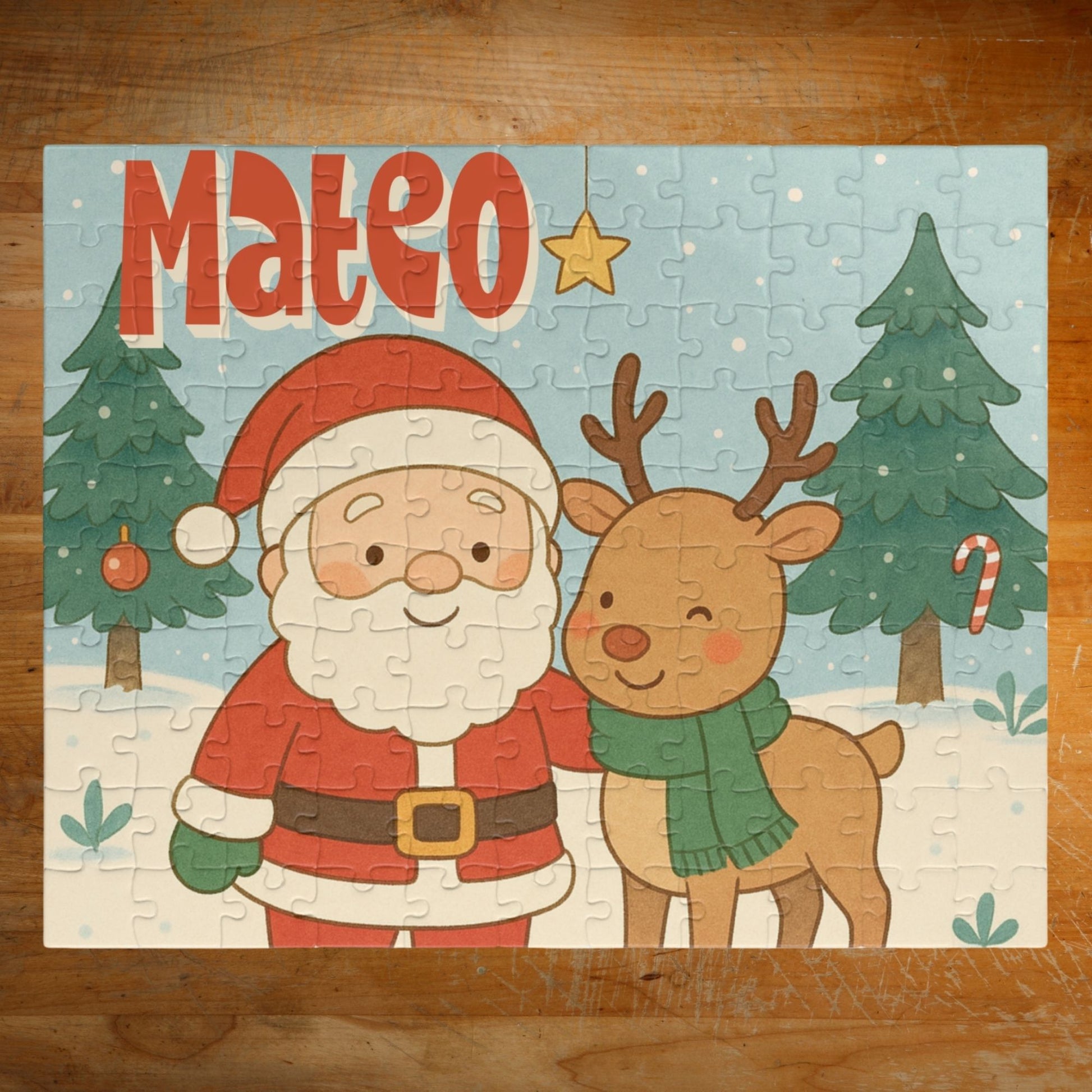 Personalized 110-piece Christmas puzzle featuring a custom name with Santa and a smiling reindeer in a snowy winter scene.