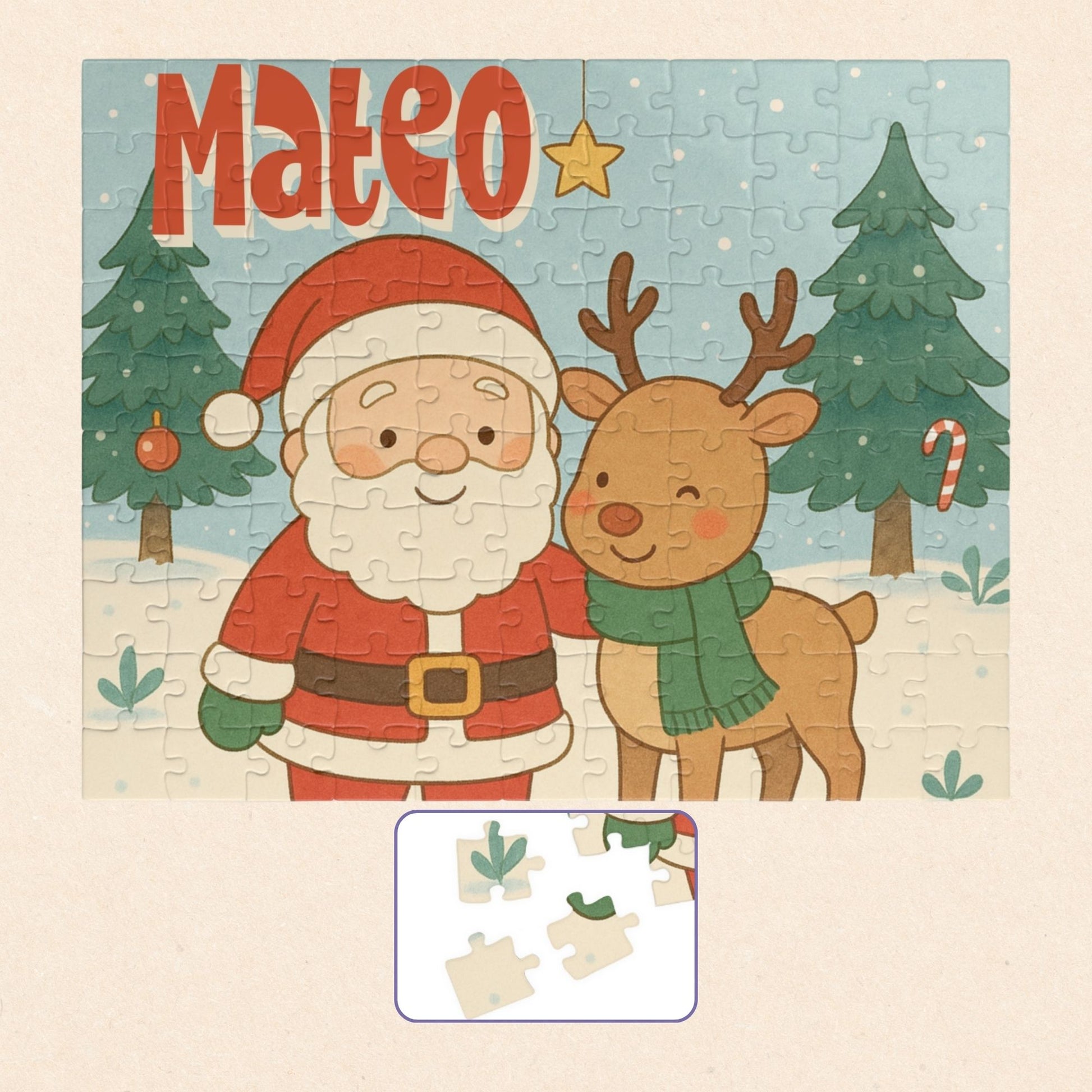 Personalized 110-piece Christmas puzzle featuring a custom name with Santa and a smiling reindeer in a snowy winter scene.