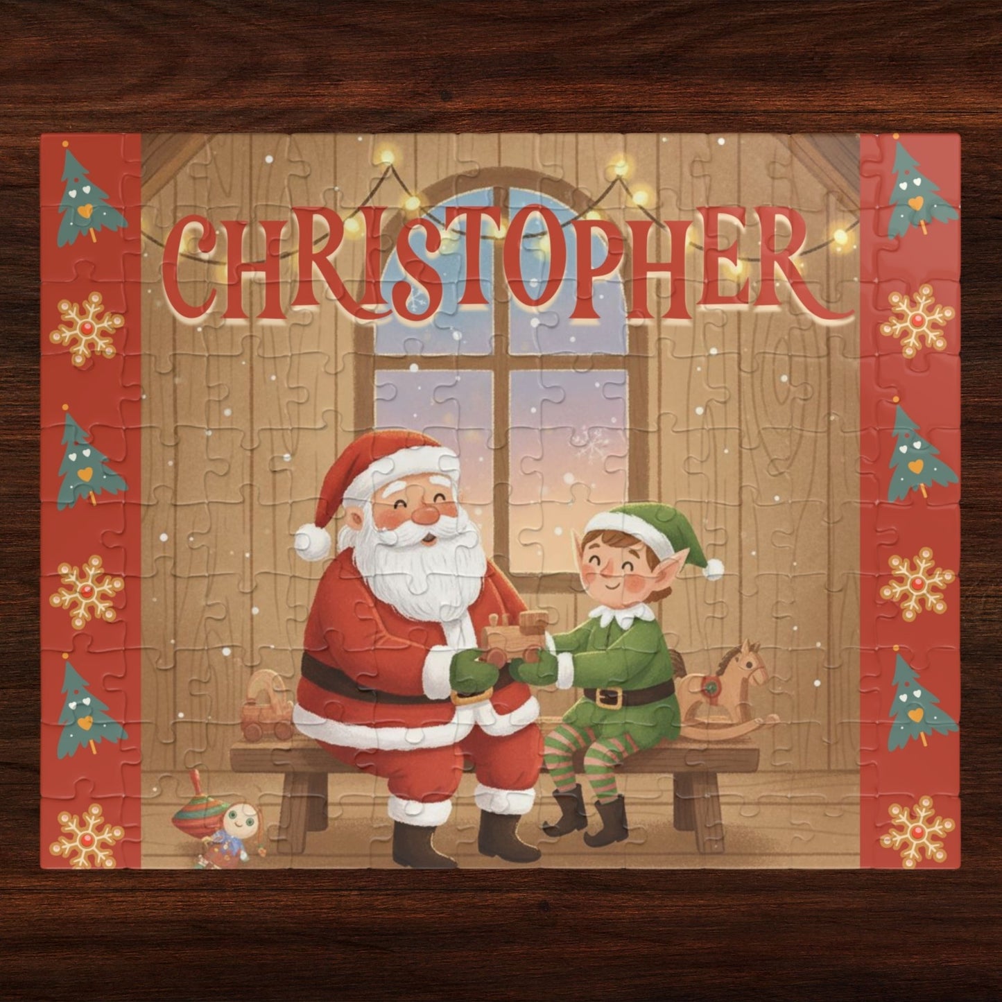Personalized 110-piece Christmas puzzle featuring a custom name with Santa and an elf sharing a special moment in a cozy holiday workshop.