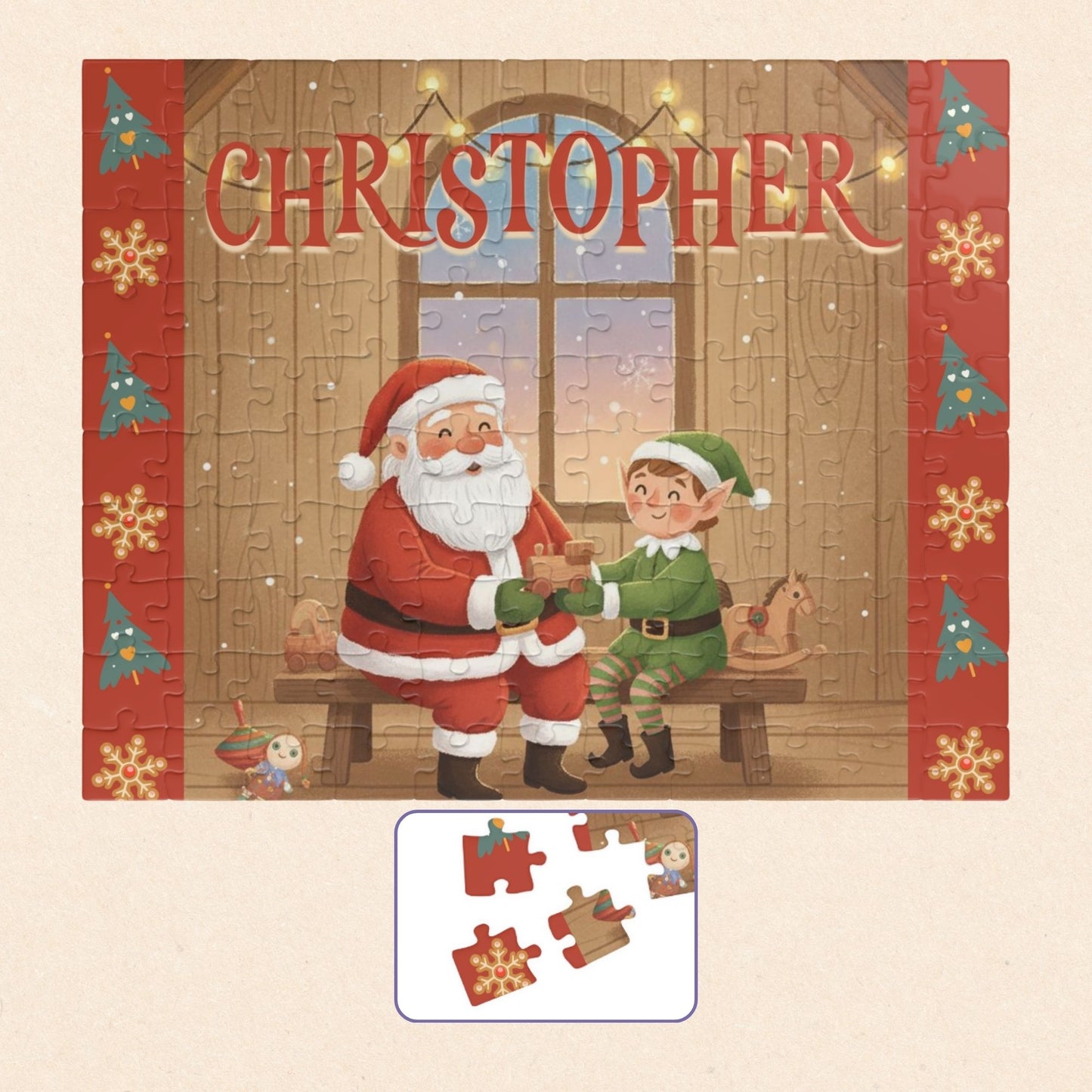 Personalized 110-piece Christmas puzzle featuring a custom name with Santa and an elf sharing a special moment in a cozy holiday workshop.