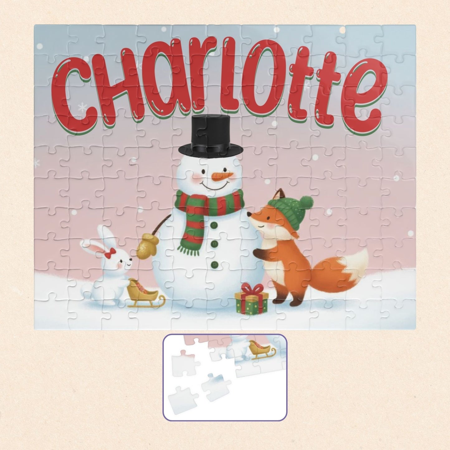 Personalized 110-piece Christmas puzzle featuring a custom name with a smiling snowman, fox, and bunny in a snowy winter scene.