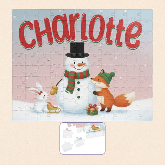 Personalized 110-piece Christmas puzzle featuring a custom name with a smiling snowman, fox, and bunny in a snowy winter scene.