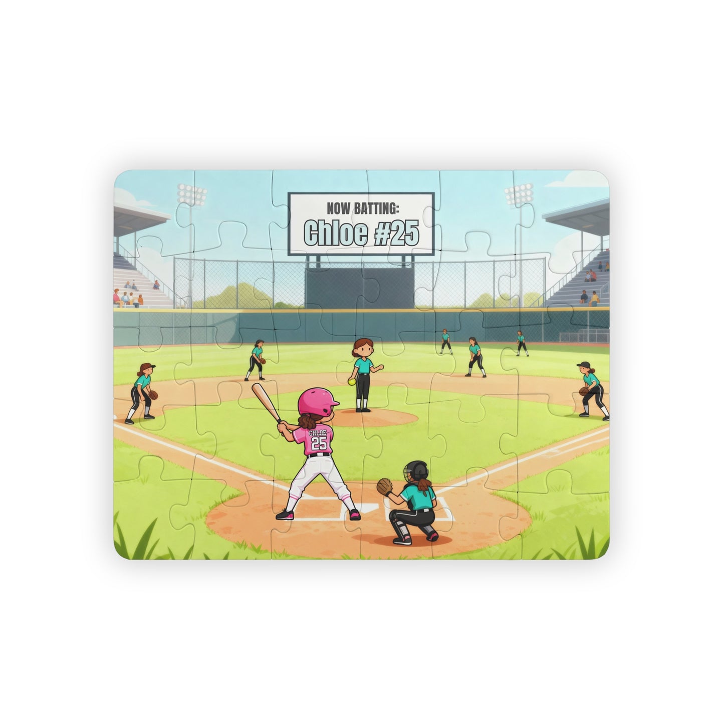 Completed 30-piece personalized softball puzzle featuring a game scene with a batter at home plate, teammates on the field, stadium background, and a customizable name and number on the scoreboard and jersey.