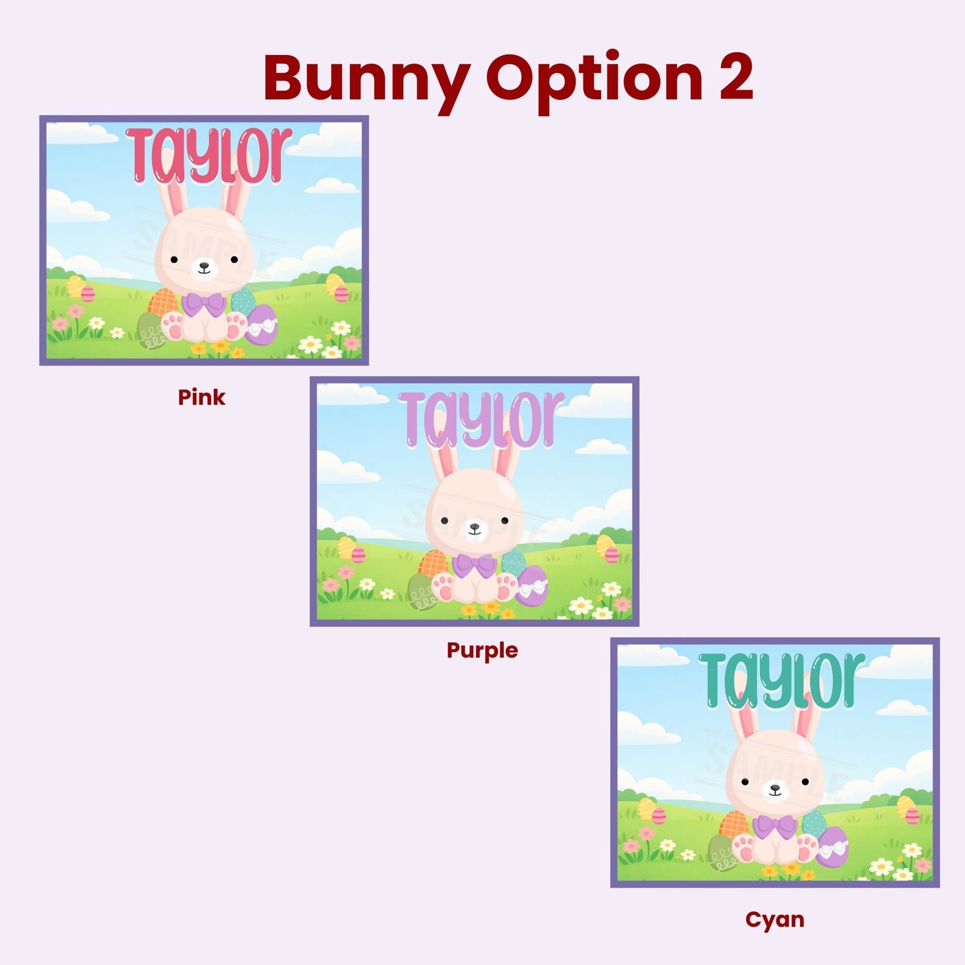 Preview image showing Bunny Option 2 design for a personalized Easter jigsaw puzzle, featuring a seated bunny with spring eggs and flowers, customizable name displayed at the top, and multiple color options to choose from.
