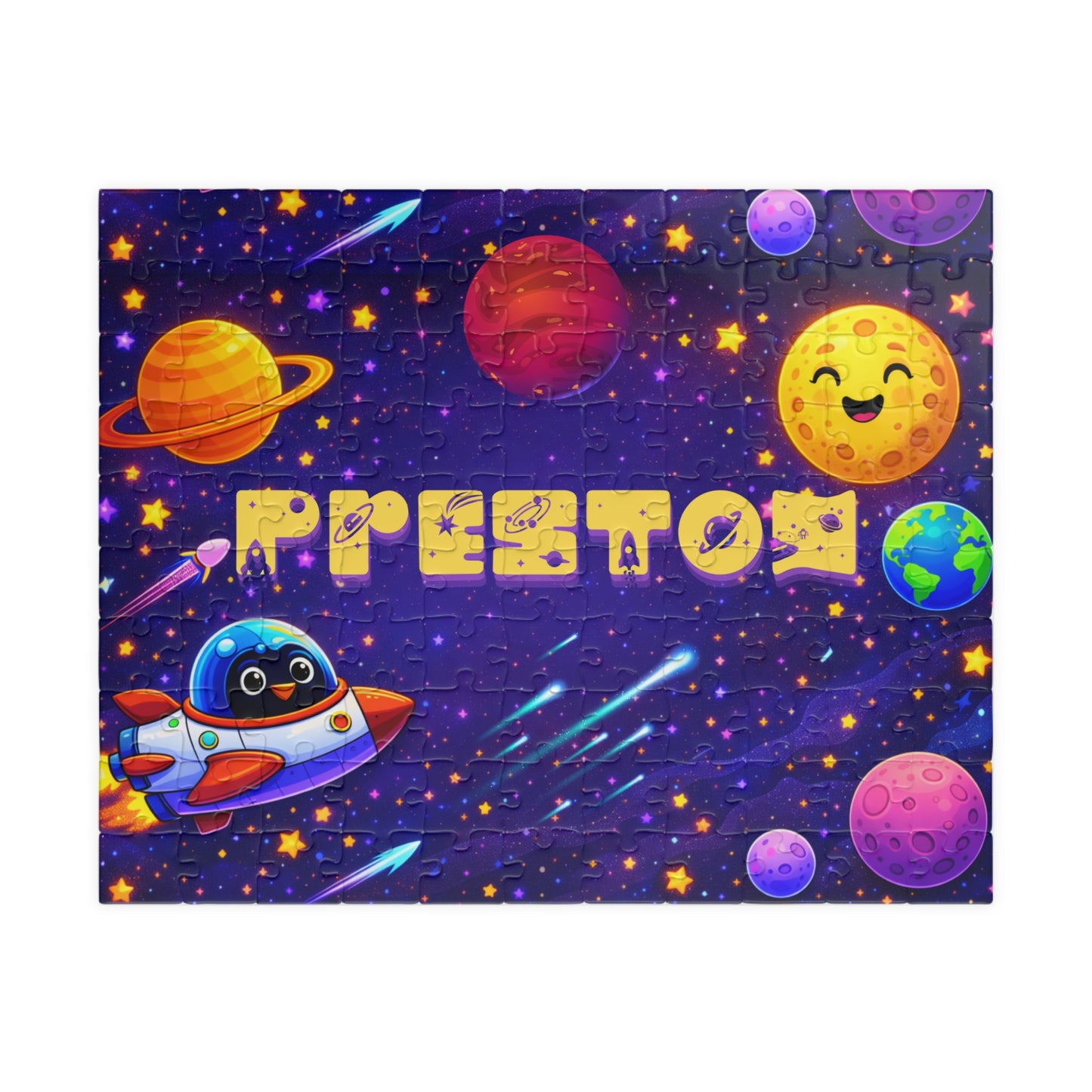 Personalized 110-piece space puzzle featuring a custom name surrounded by colorful planets, stars, Earth, Saturn, a smiling moon, and a cute rocket ship in outer space.