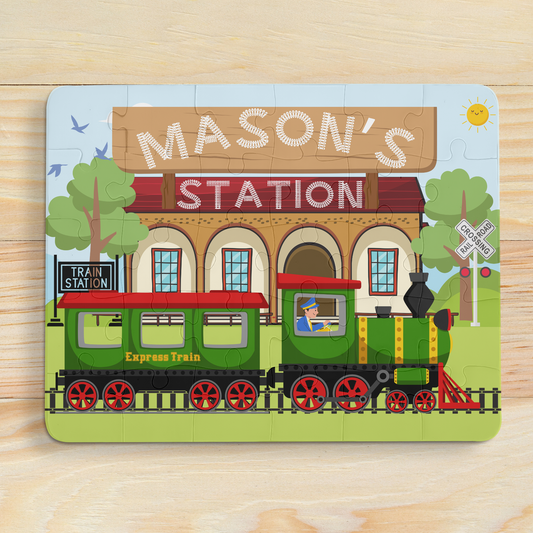 Personalized Train Station Puzzle – 30-Piece Custom Name Kids Puzzle Printify
