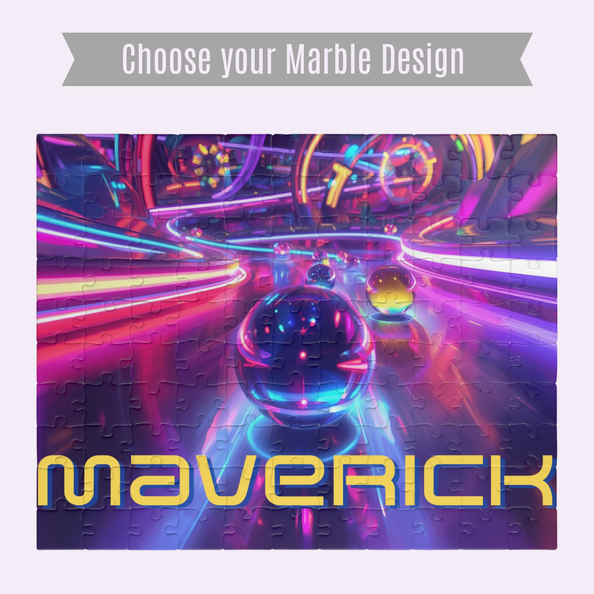 Personalized neon marble race 110-piece jigsaw puzzle featuring glowing tunnels and colorful marbles racing forward. The customizable name appears across the bottom of the puzzle design and shown in option 4.