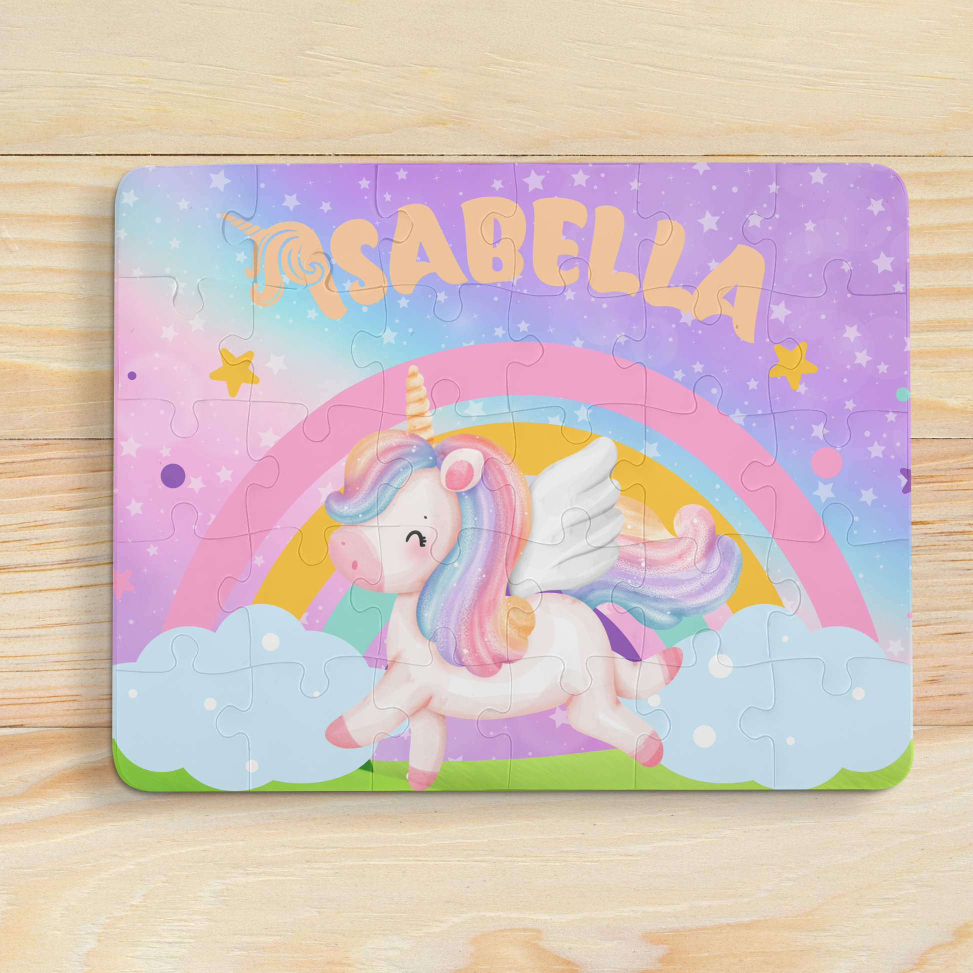 Personalized Unicorn 30-Piece Puzzle – Custom Name Jigsaw with Sparkly Rainbow Background Printify