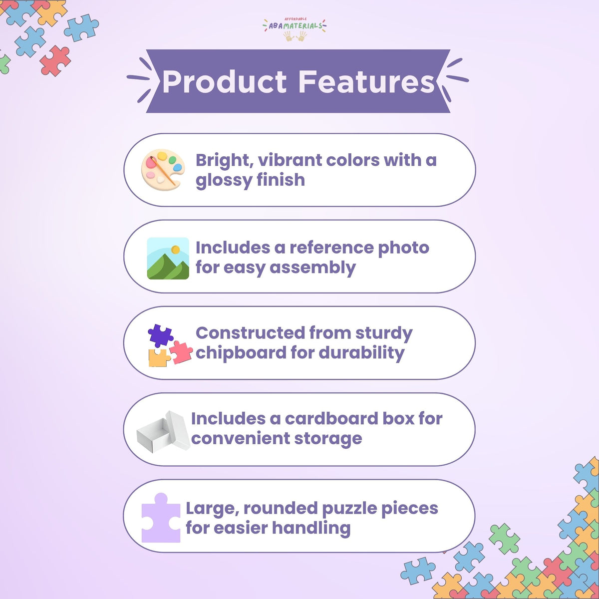 Informational graphic describing 30-piece personalized jigsaw puzzle features including bright glossy colors, a reference photo for easy assembly, sturdy chipboard construction, a cardboard storage box, and large rounded puzzle pieces for easier handling.