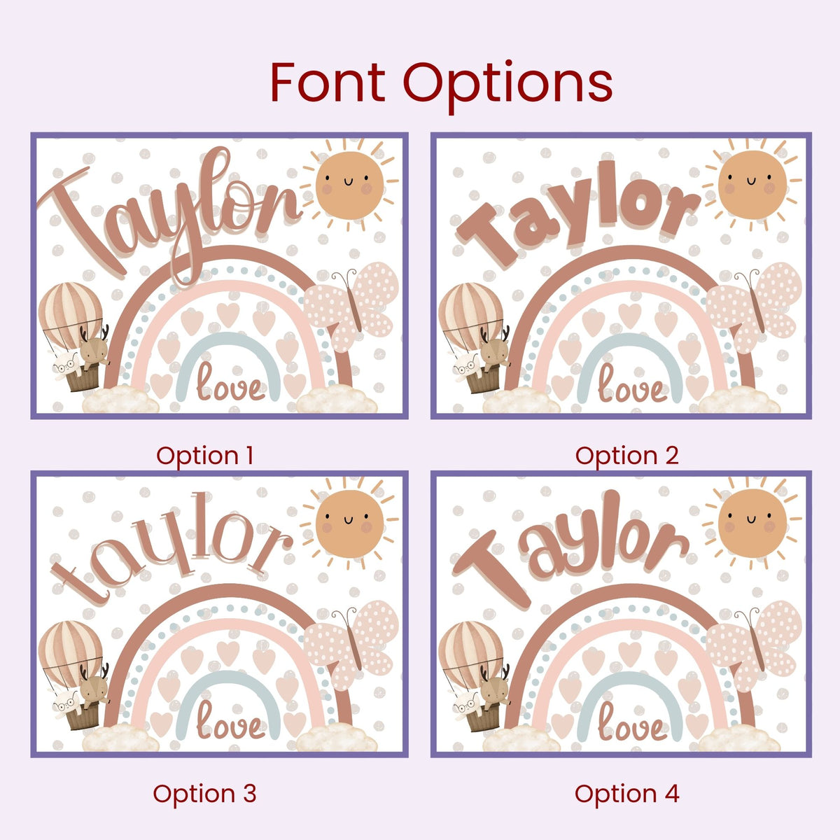 graphic displaying 4 different font options available as part of the customizable options for this puzzle 