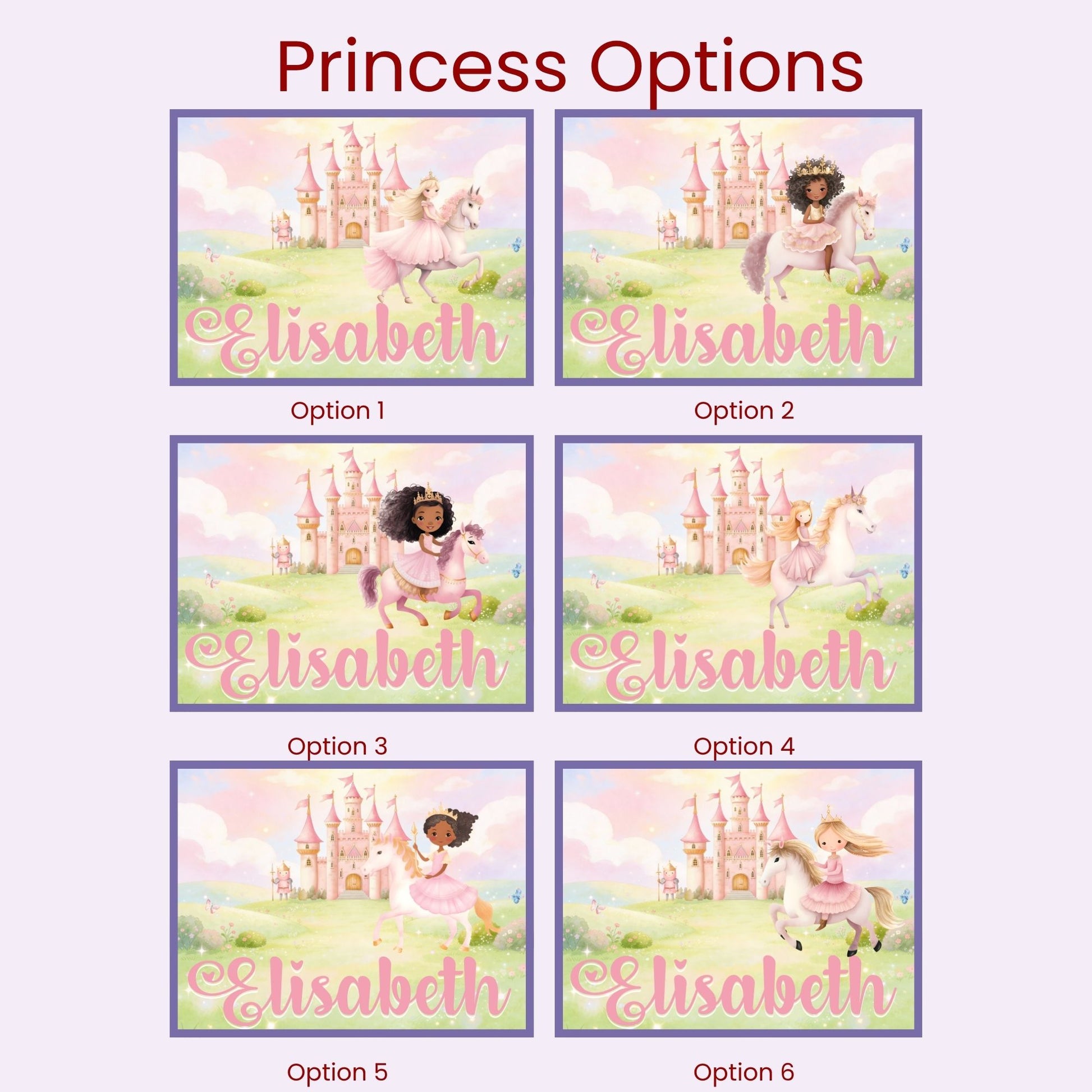 Image showing six princess design options for a personalized kids puzzle, each featuring a princess riding a horse in a pastel fairytale scene with a castle, where the child’s name is customizable across the bottom of the puzzle.