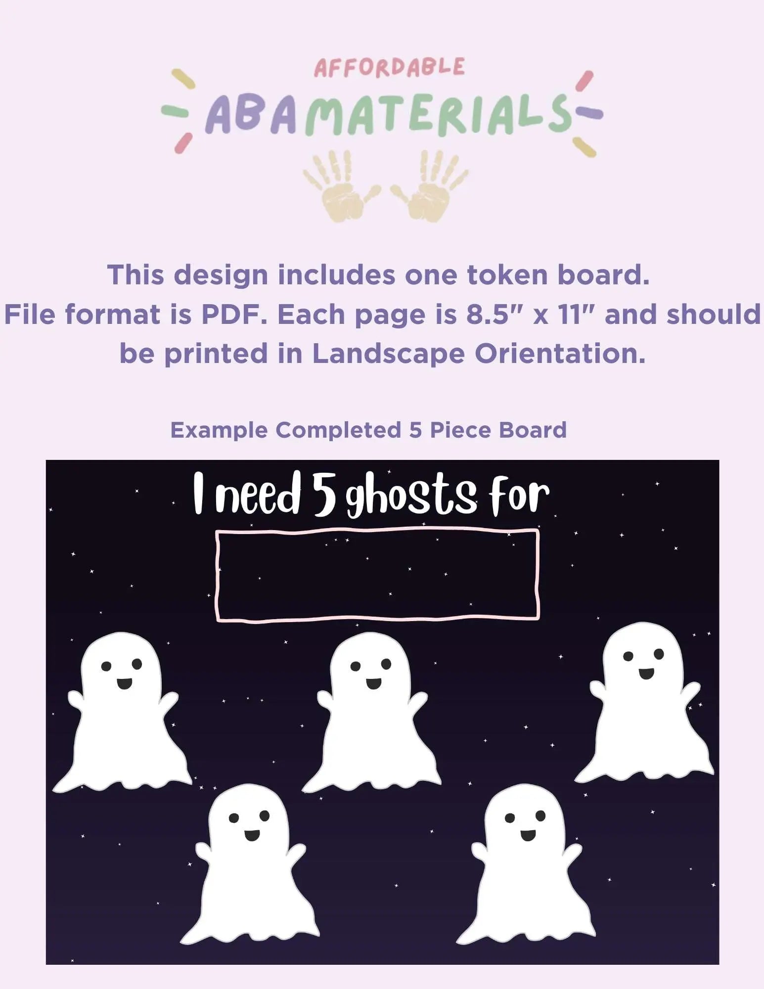 Cute Ghost Themed Token Board - 5 Piece Printable Token Economy Reward System Affordable ABA Materials