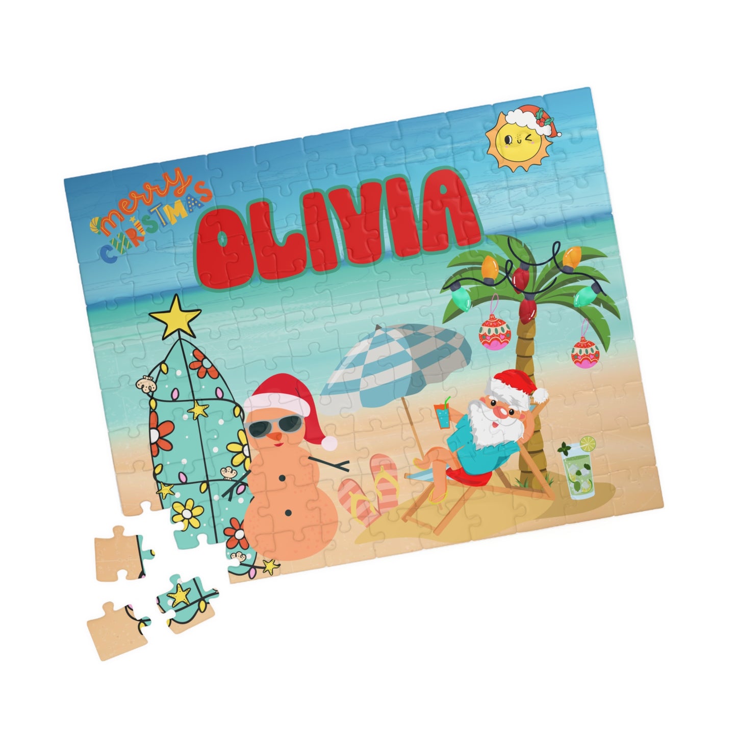 Angled view of a personalized tropical Christmas puzzle with a custom name and loose puzzle pieces beside the completed beach holiday design.
