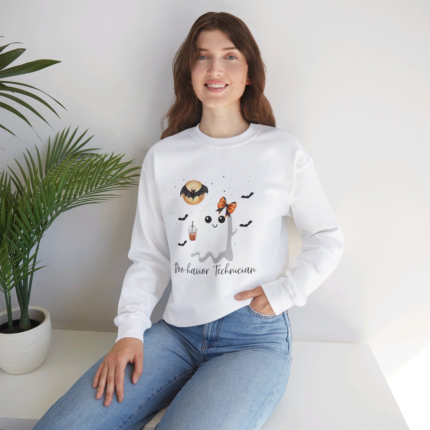 Halloween Behavior Technician Sweater-Cute Ghost Design "Boo-havior Technician" Sweatshirt Printify