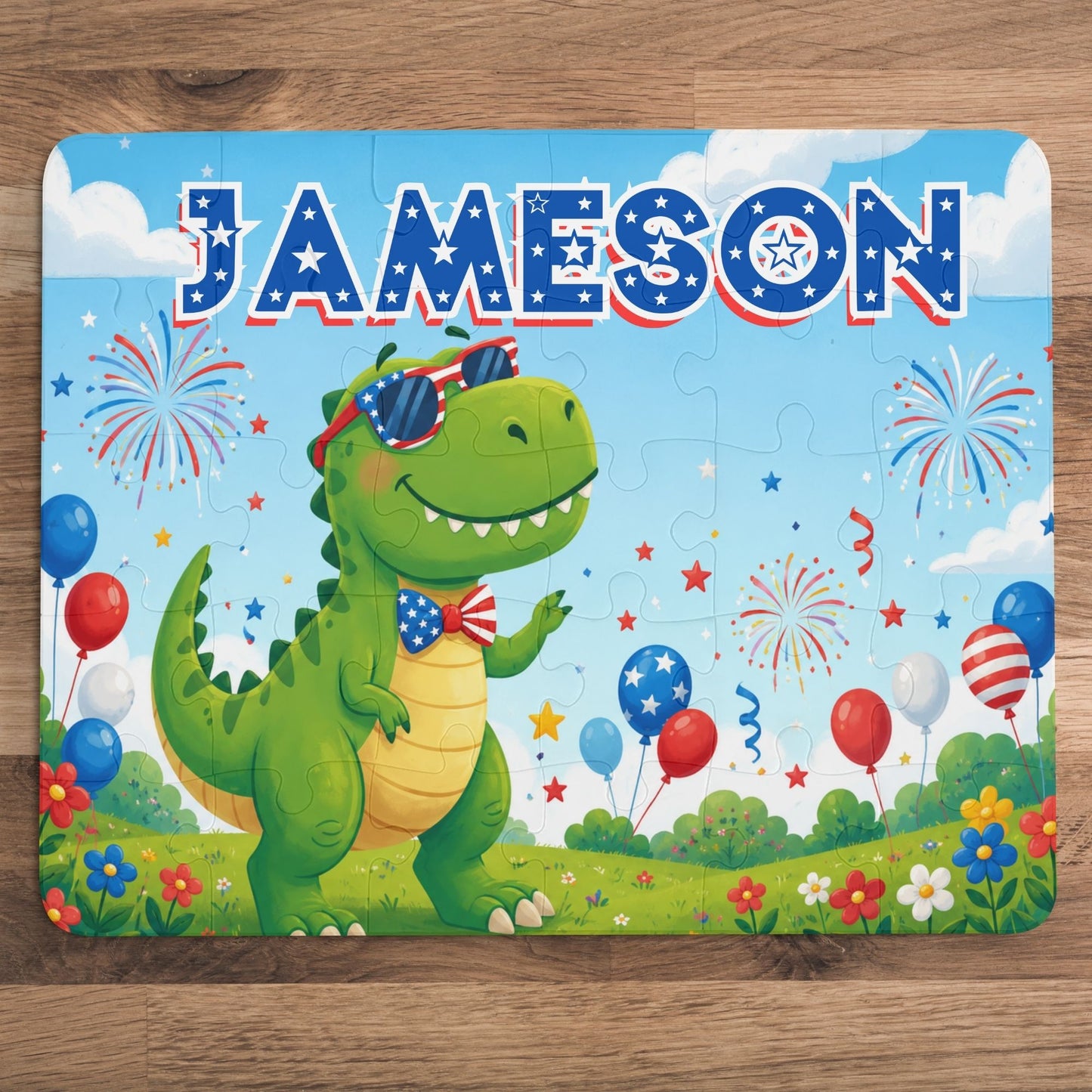 Personalized patriotic dinosaur puzzle featuring a custom name, festive fireworks, balloons, and a smiling dinosaur with patriotic sunglasses and larger puzzle pieces.