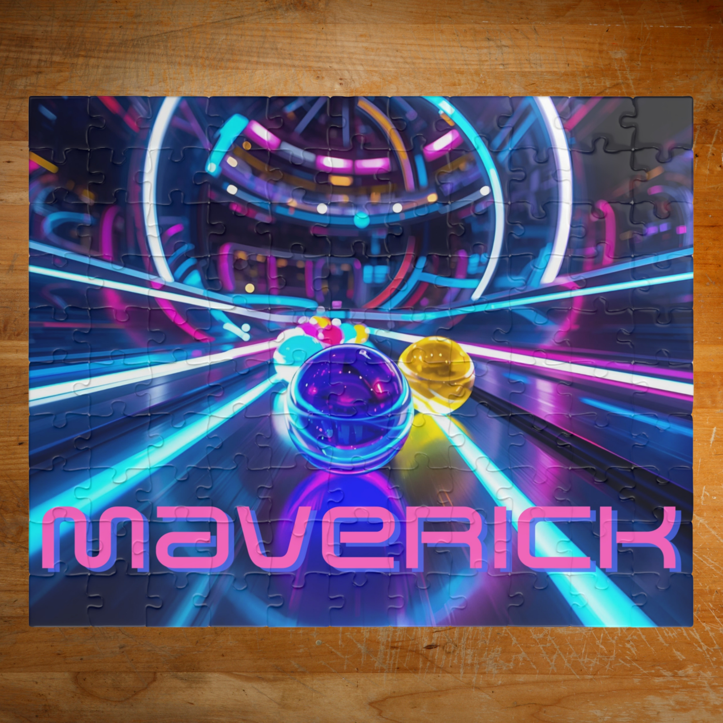 Personalized neon marble race 110-piece jigsaw puzzle featuring glowing tunnels and colorful marbles racing forward. The customizable name appears across the bottom of the puzzle design and shown in option 2