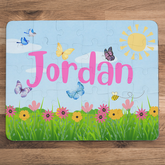 Personalized 30-Piece Kids Puzzle – Flowers, Butterflies, Birds & Bees on a Sunny Day Printify