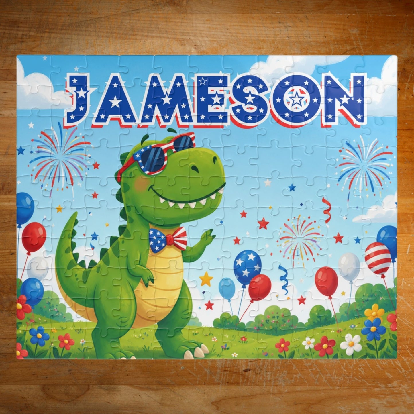 Personalized patriotic dinosaur puzzle featuring a custom name, fireworks, balloons, and a smiling dinosaur wearing patriotic sunglasses in a festive Independence Day scene.