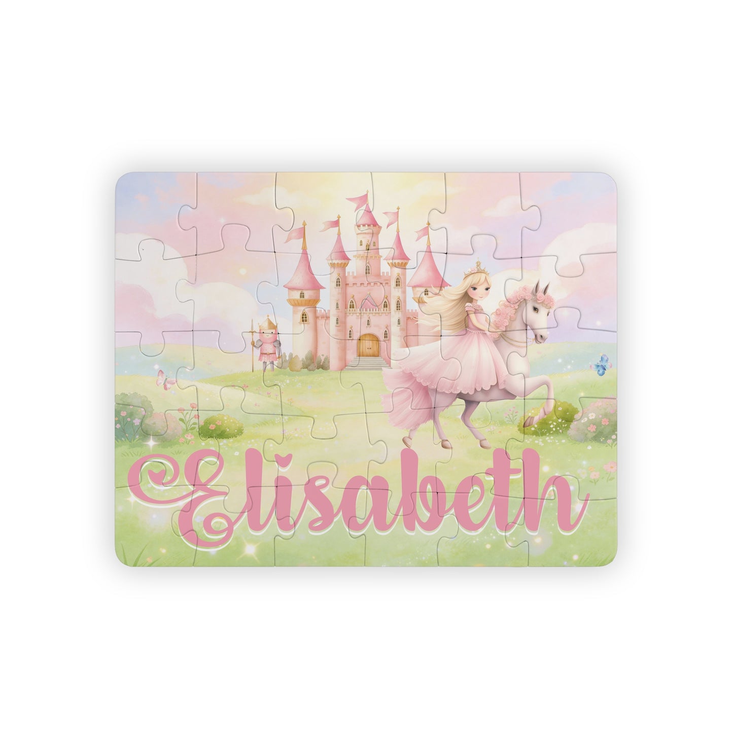 Completed 30-piece personalized princess puzzle featuring a soft pastel fairytale scene with a princess on horseback, pink castle, flowers, sky, and a customizable child’s name across the bottom.