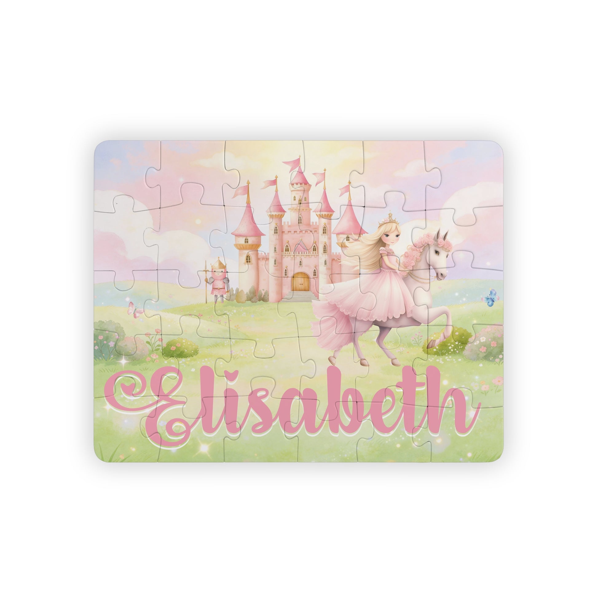 Completed 30-piece personalized princess puzzle featuring a soft pastel fairytale scene with a princess on horseback, pink castle, flowers, sky, and a customizable child’s name across the bottom.