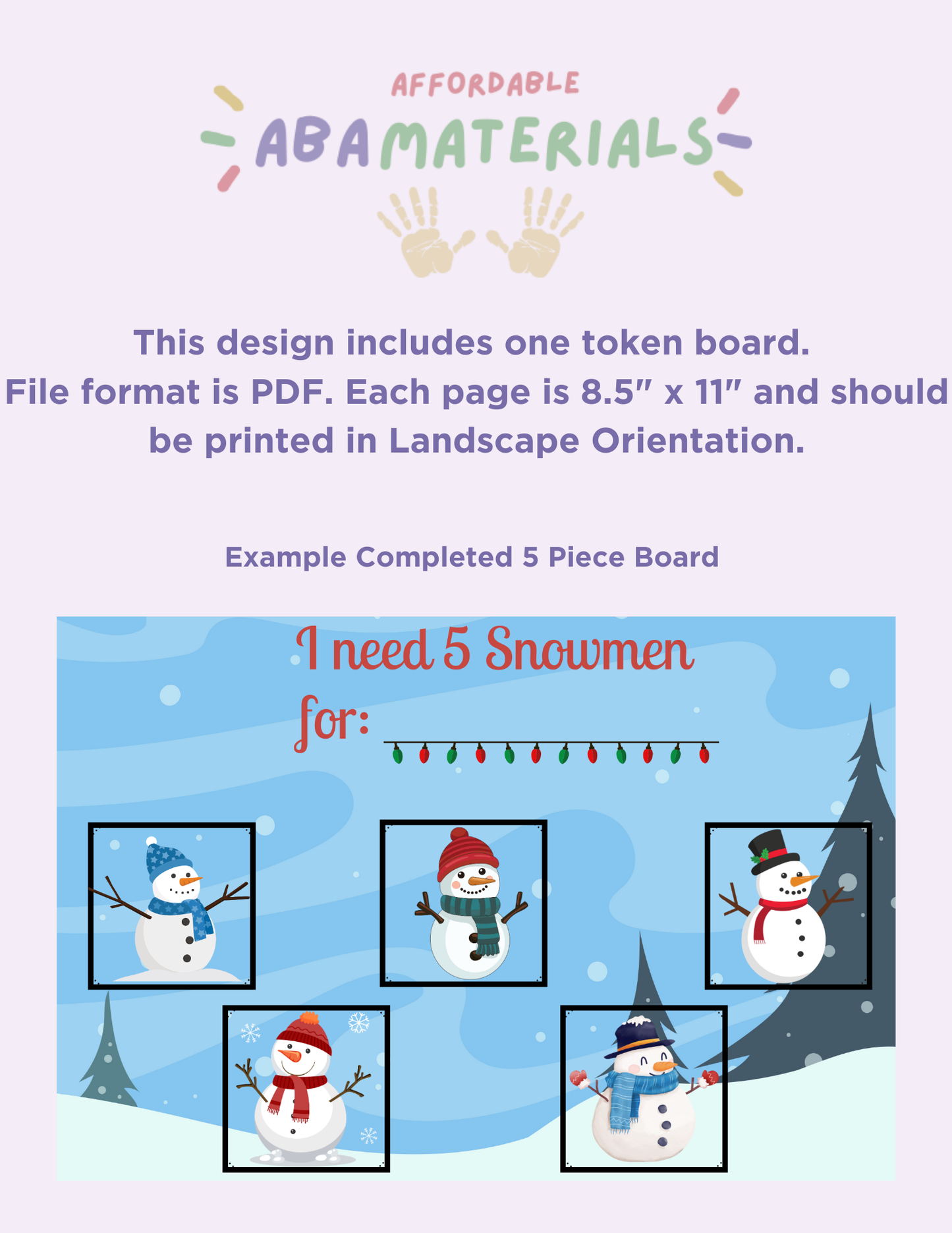 Snowman Themed Printable Token Board-5 Piece Token Economy Reward System Affordable ABA Materials