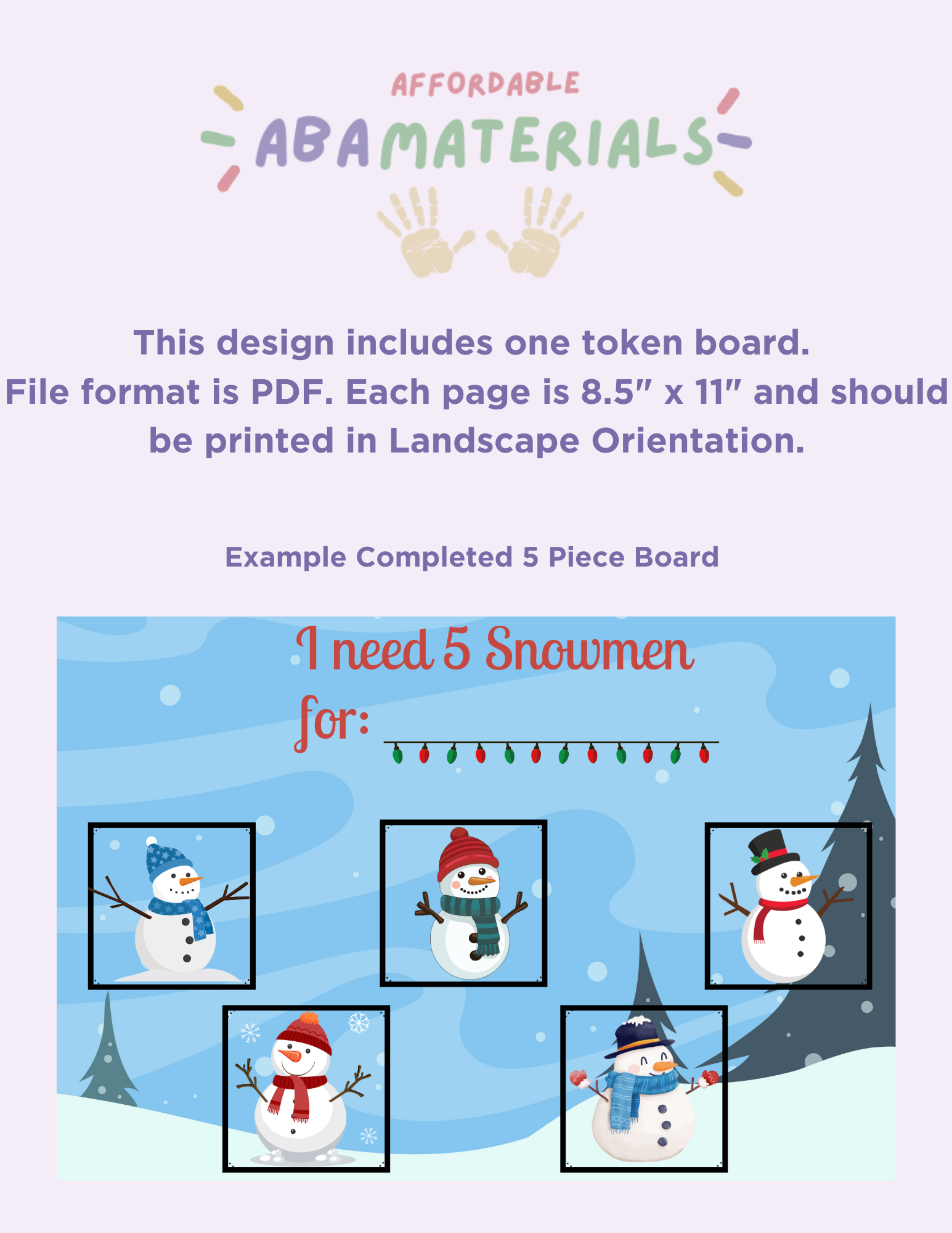 Snowman Themed Printable Token Board-5 Piece Token Economy Reward System Affordable ABA Materials