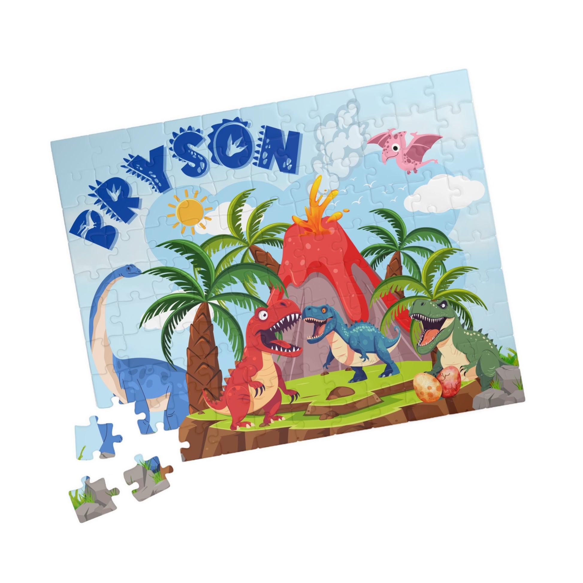 110-Piece Personalized Volcano T-Rex Dinosaur Puzzle – Custom Name Jurassic Adventure Jigsaw Affordable ABA Materials