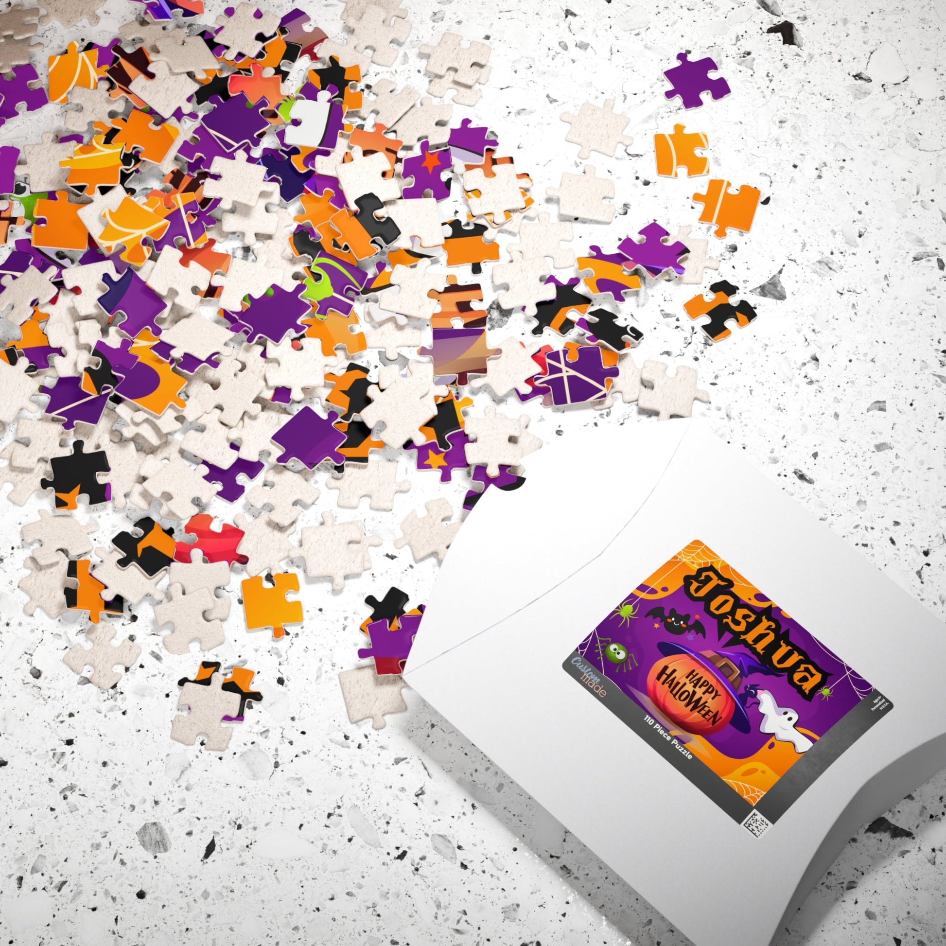 Personalized Halloween Kids Jigsaw Puzzle - 110 Piece Custom Name Puzzle with Ghosts, Pumpkins, Bats, Spiders & Haunted Scene Affordable ABA Materials