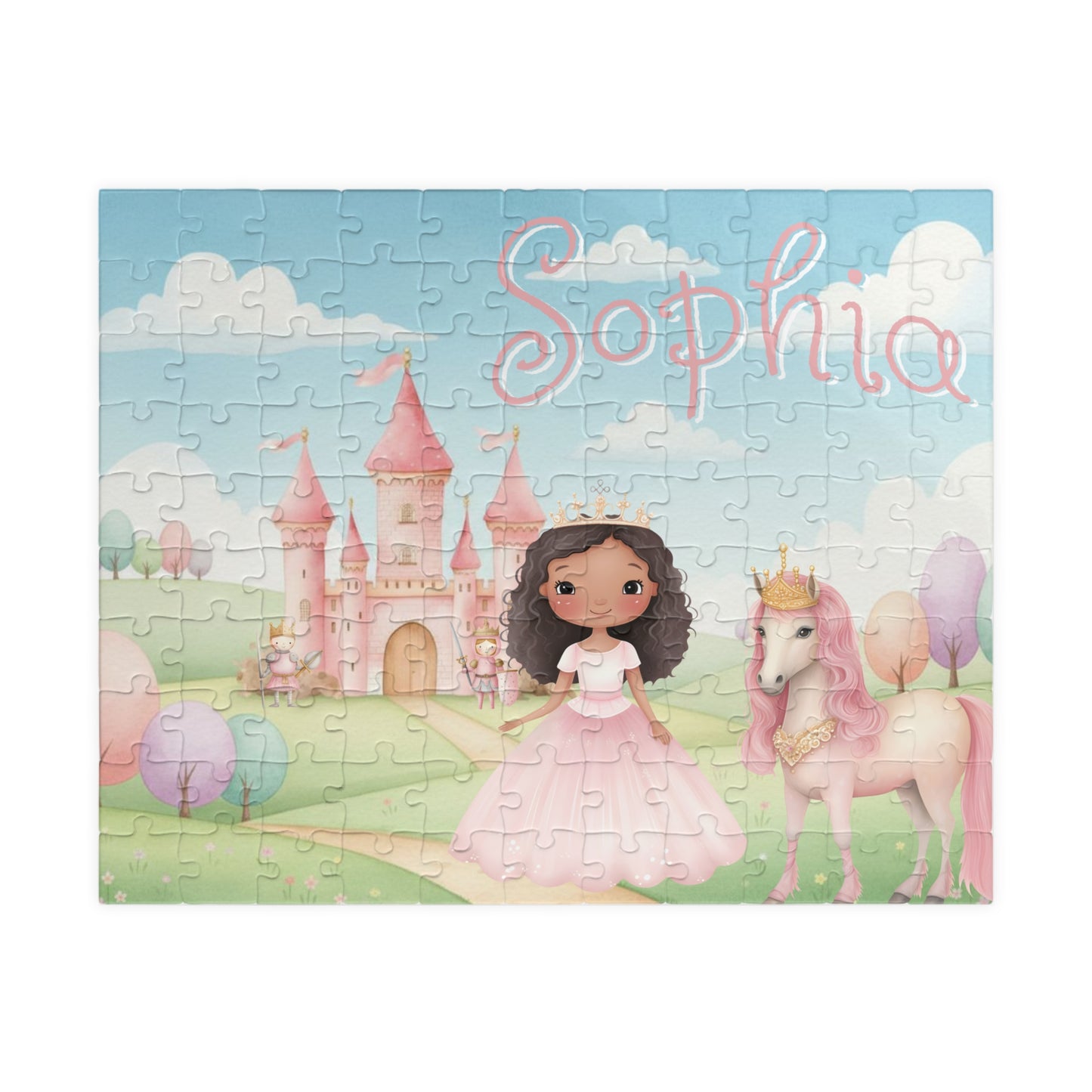 Completed personalized princess puzzle featuring a pastel castle scene, princess character, horse, rolling hills, and a customizable child’s name displayed prominently across the top