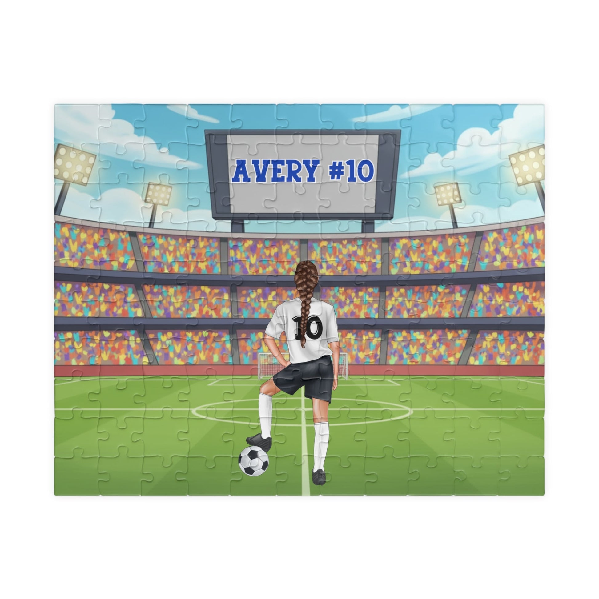 Personalized Girls’ Soccer Puzzle – Custom Name, Number & Hair Color (110 Pieces) Printify