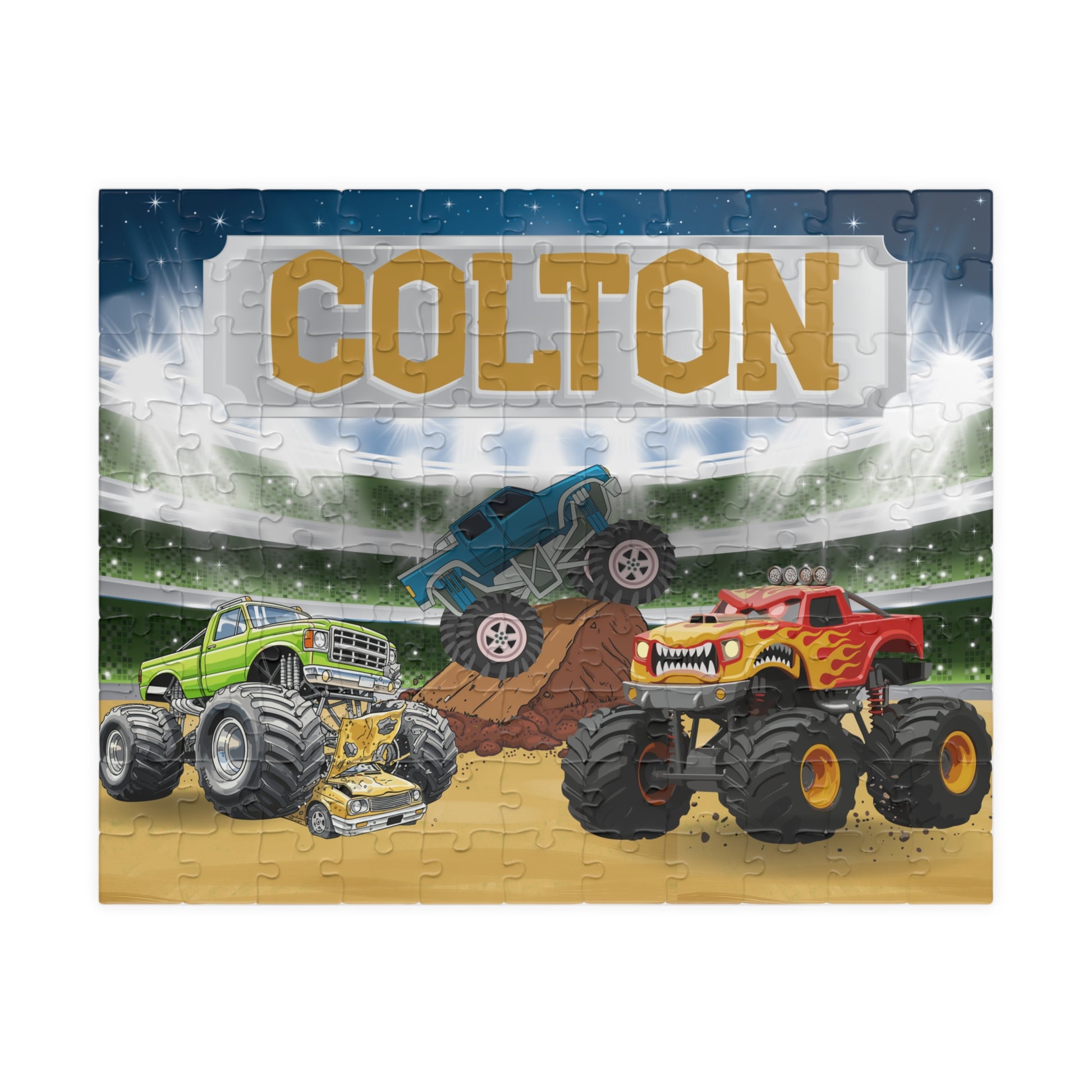 Personalized monster truck puzzle with customizable name displayed across the top, featuring a stadium scene with colorful trucks in action and bold, kid-friendly design.