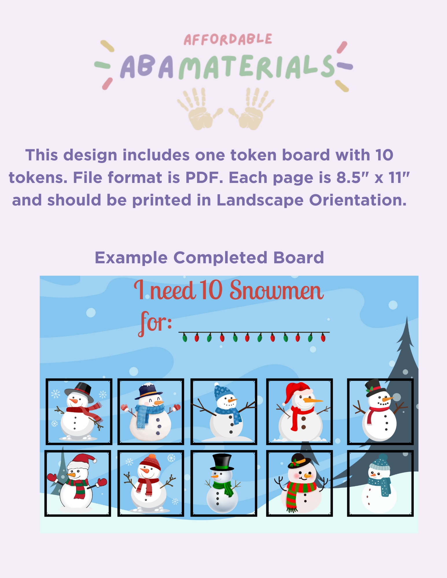 Snowman Themed 10-Piece Token Board- Printable Token Economy Reward System Affordable ABA Materials