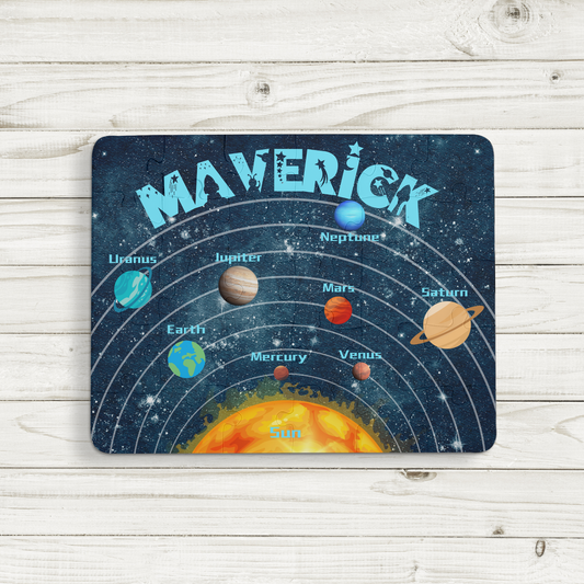 Personalized Solar System 30-Piece Puzzle for kids. Includes the names of the Planets and is Custom Made with Child's name printed in Space Themed Font.
