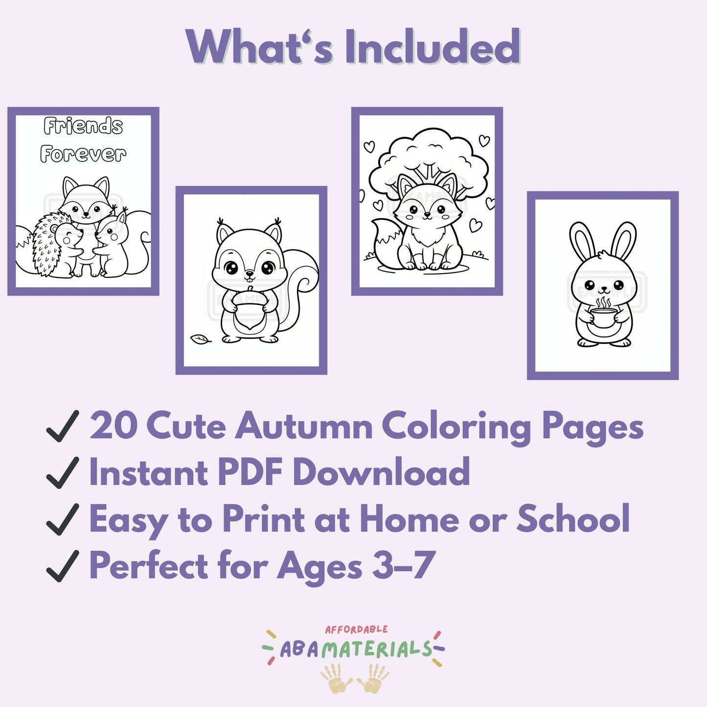 Cozy Autumn Critters Printable Coloring Book 20 Pages (PDF Download) Affordable ABA Materials