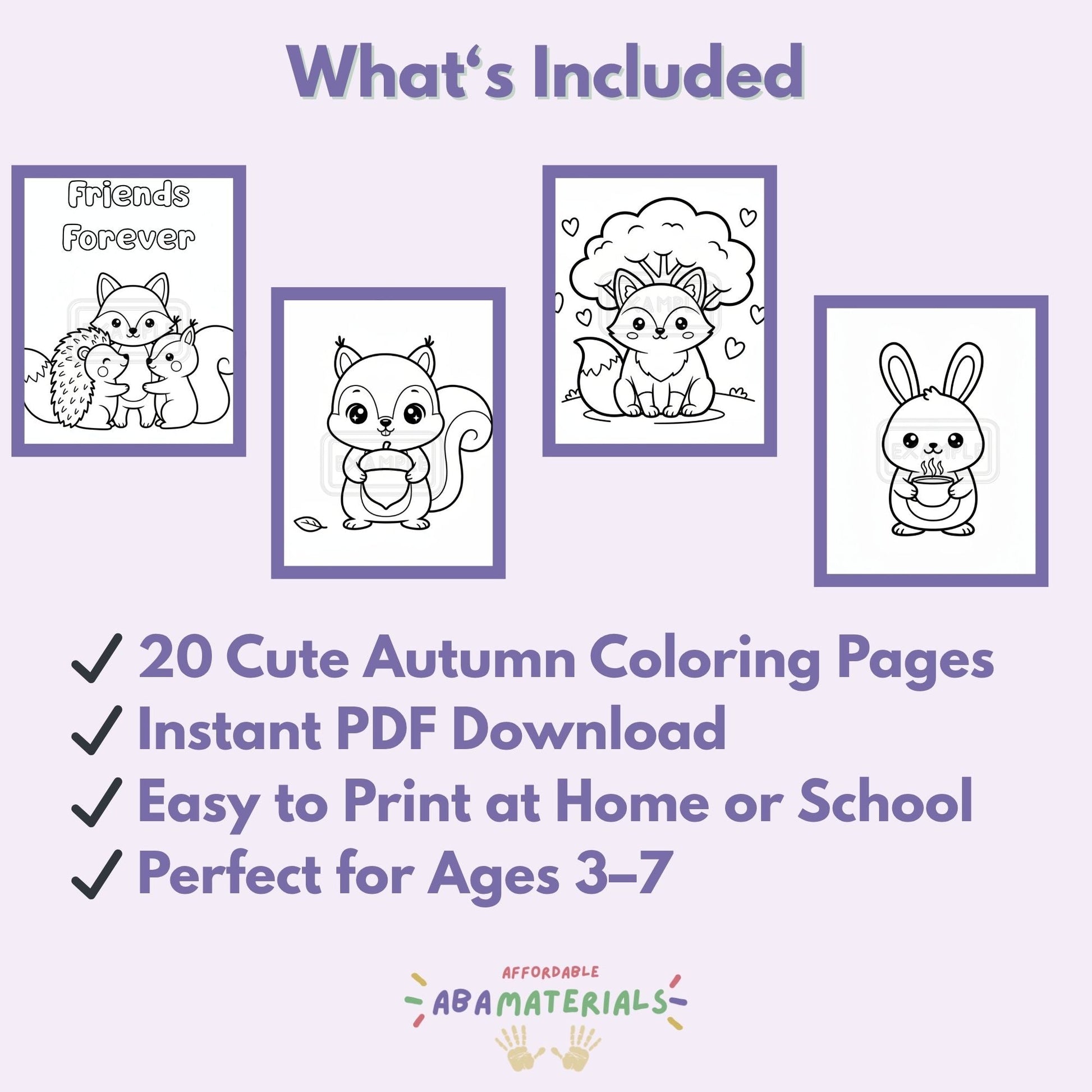 Cozy Autumn Critters Printable Coloring Book 20 Pages (PDF Download) Affordable ABA Materials