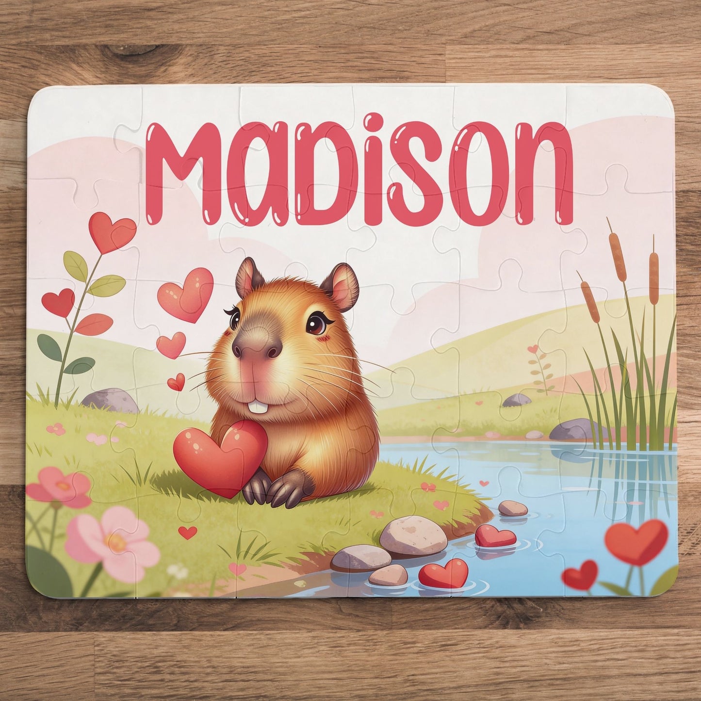 Personalized capybara puzzle for kids showing a cute capybara holding a heart beside a peaceful pond. This 30-piece custom name puzzle is designed for children, making it perfect for Valentine’s Day, birthdays, or everyday calm play. Soft colors, simple shapes, and an adorable animal theme create a meaningful keepsake and screen-free learning activity.