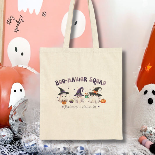 Personalized Boo-Havior Squad Halloween Tote Bag for ABA Professionals – Cute Ghosts Cotton Canvas Bag Printify
