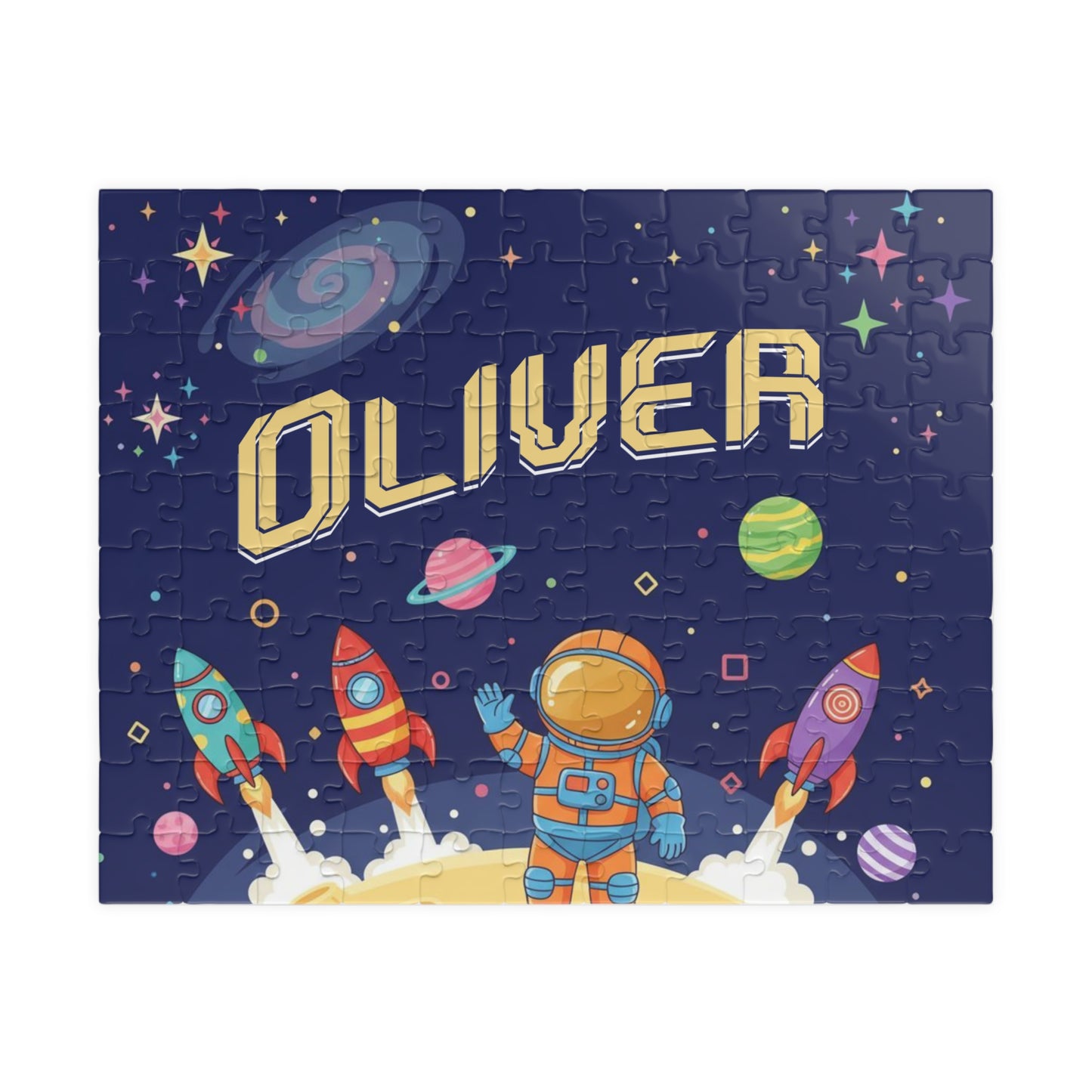 Personalized 110 piece space astronaut jigsaw puzzle featuring rockets, planets, and a cartoon astronaut, with a customizable name displayed across the center